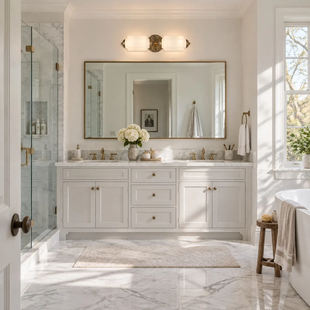 White and brass vanity light over a double bathroom vanity