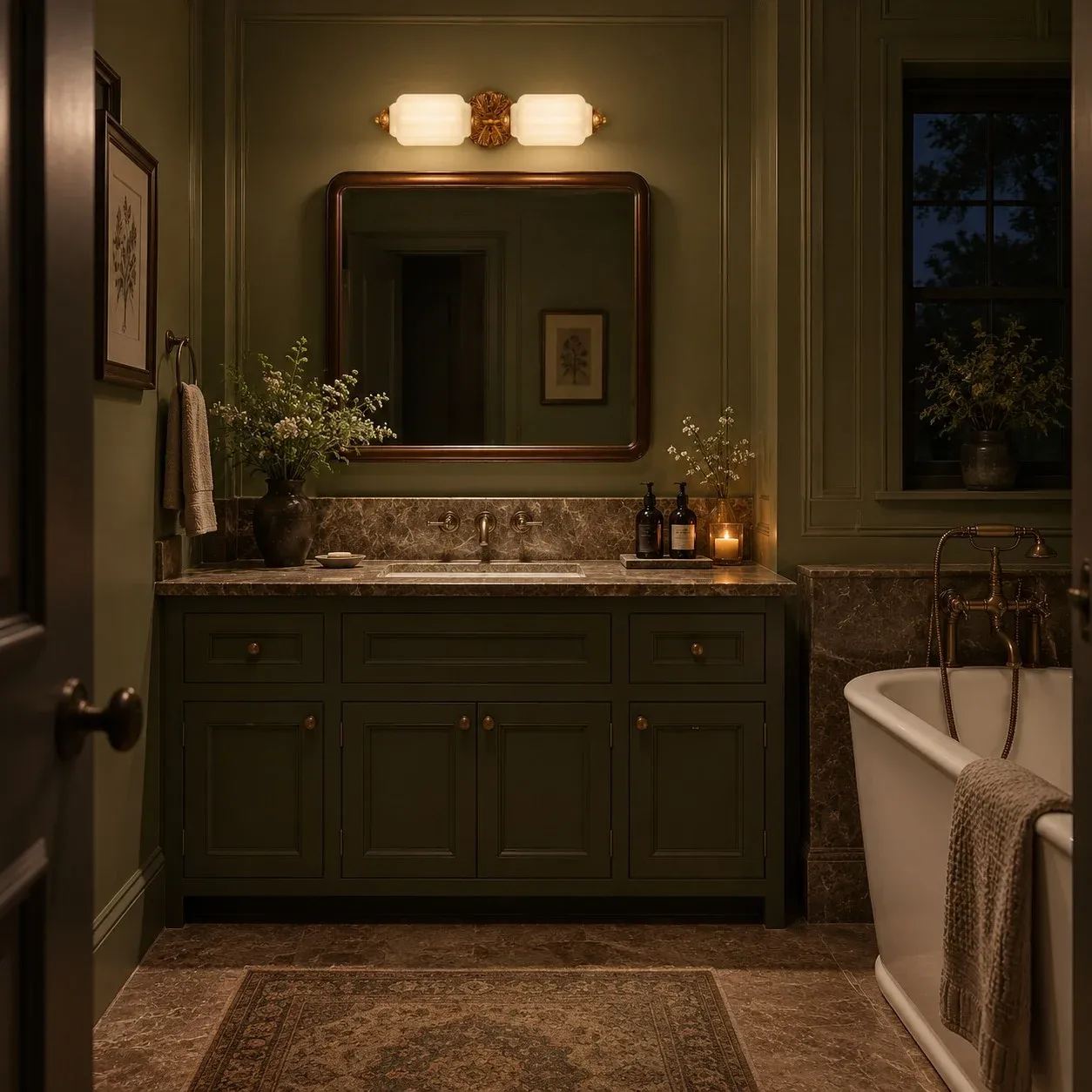 Green and black vanity light in a dark bathroom