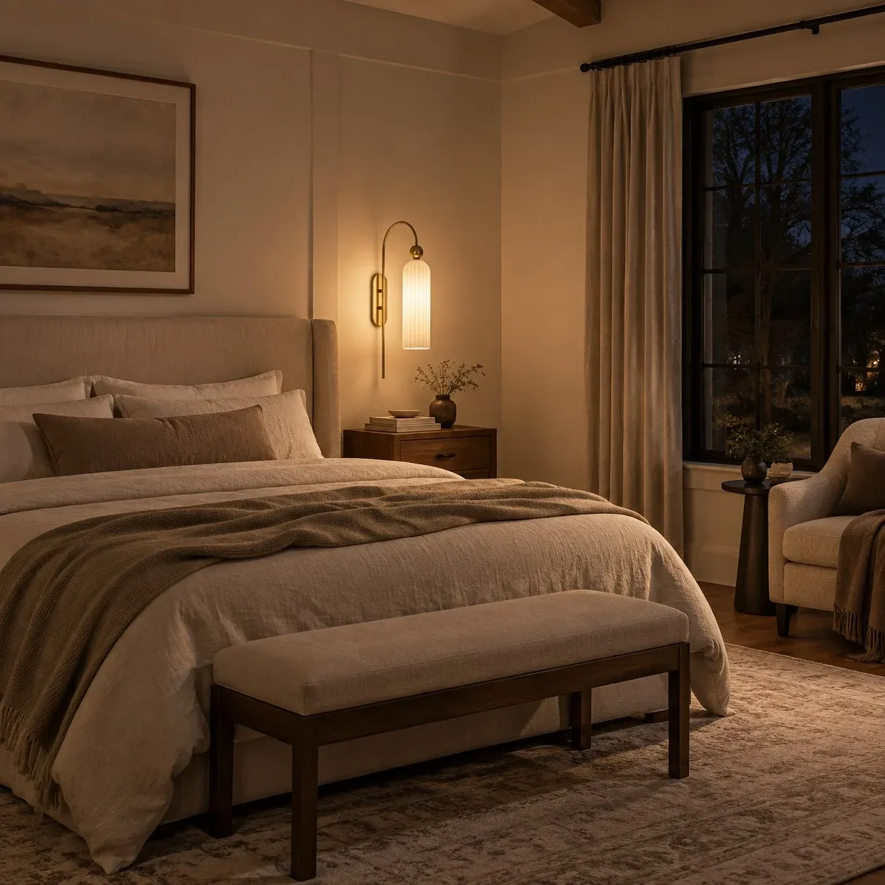 Milk glass cylinder sconce beside a bed