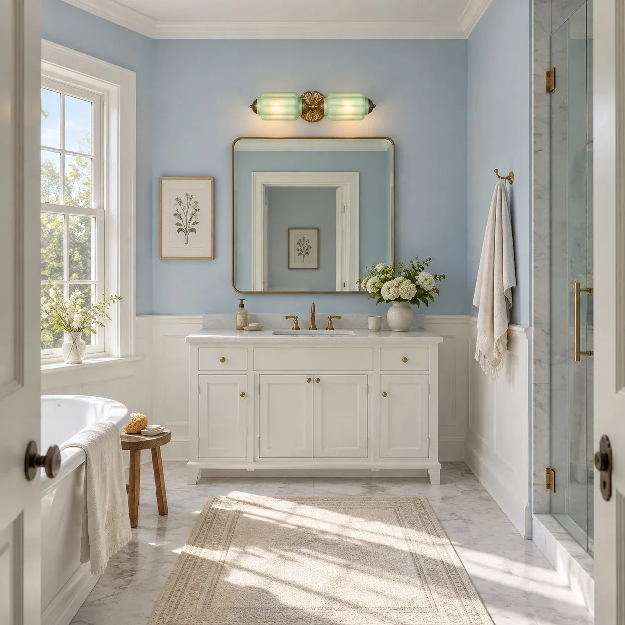 Green and brass vanity light in a blue bathroom
