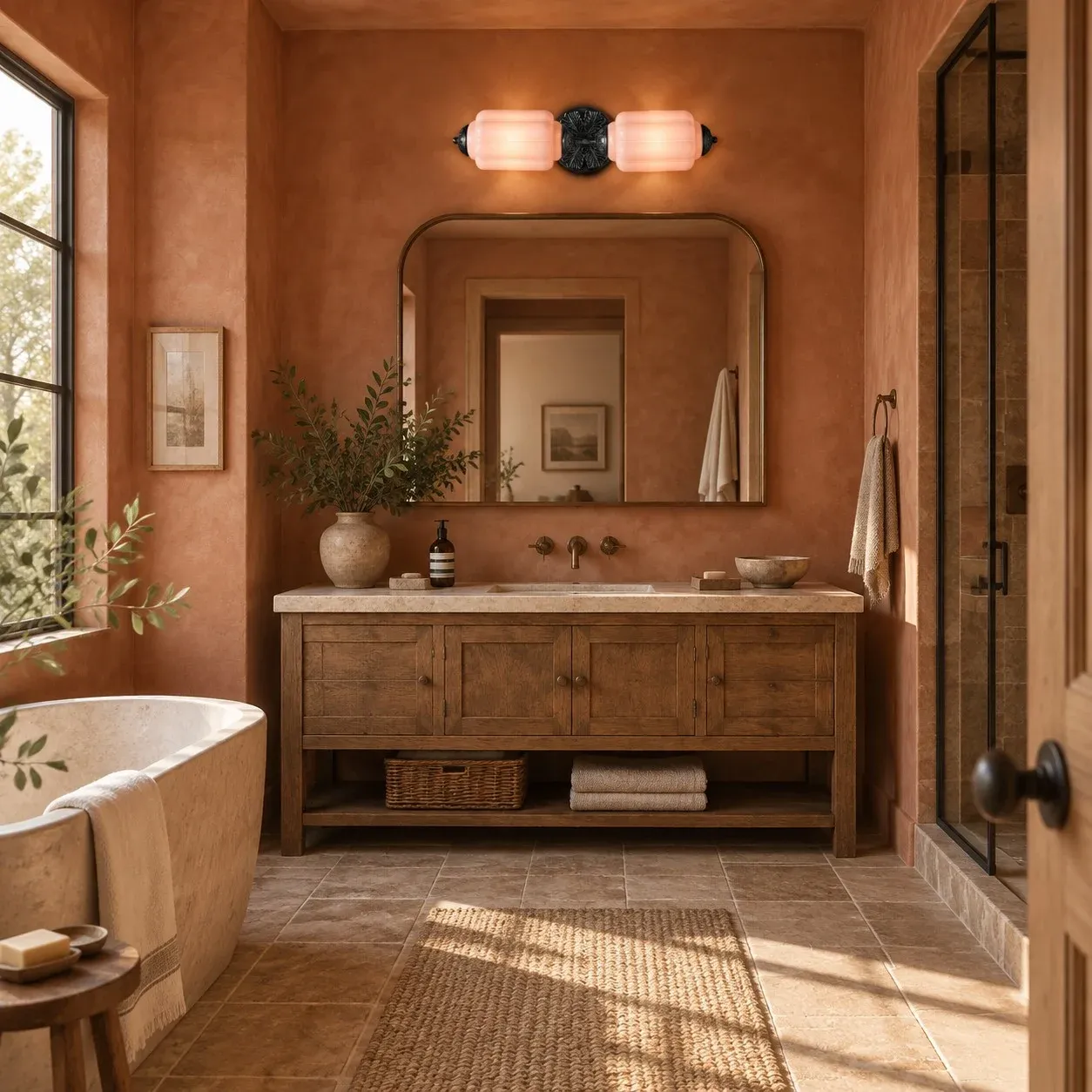 Pink and black vanity light over a wood bathroom vanity