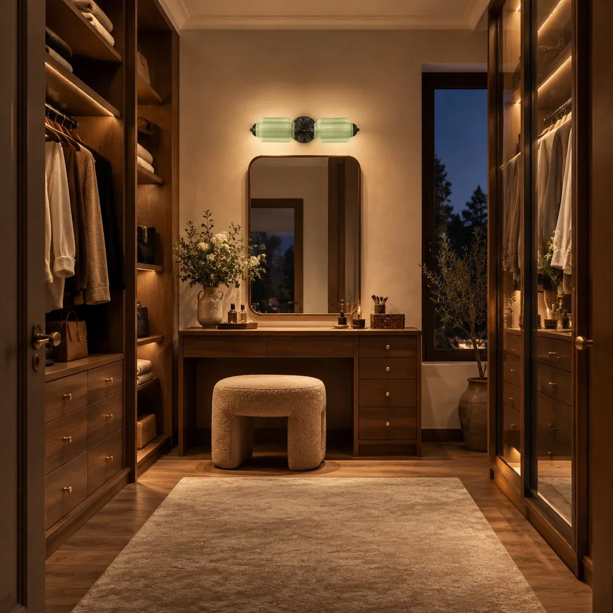 Green and black wall light in a dressing room