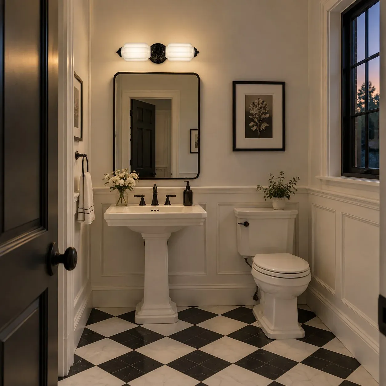 White and black vanity light in a powder room