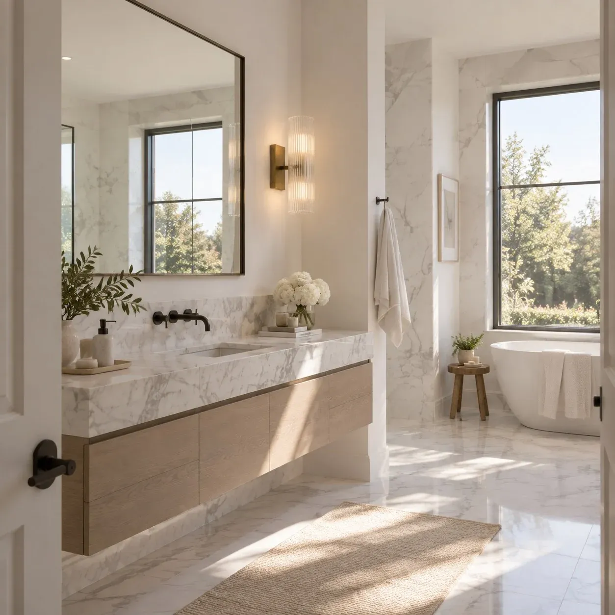 Ribbed glass tube sconce beside a bathroom mirror