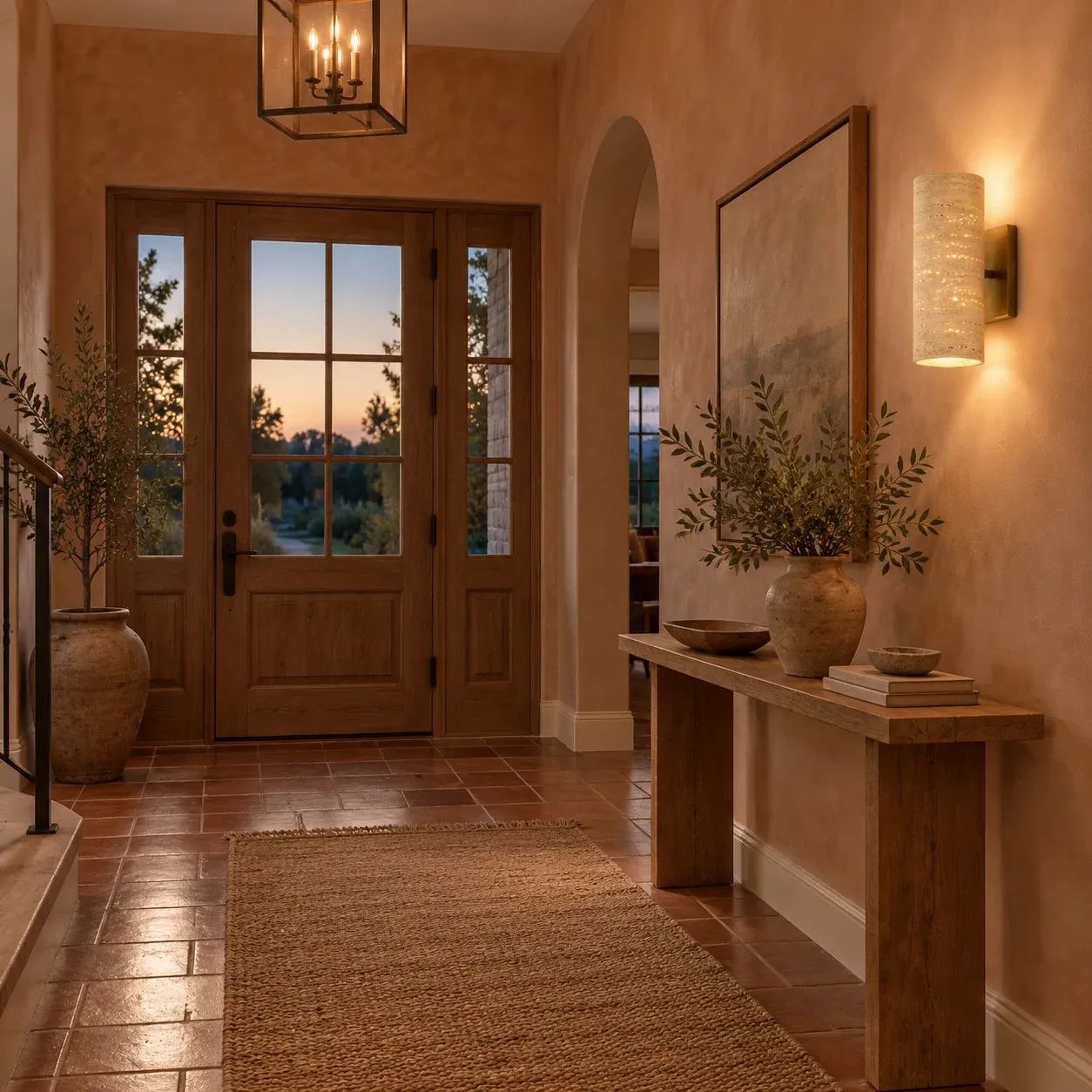 Travertine tube sconce in an entry