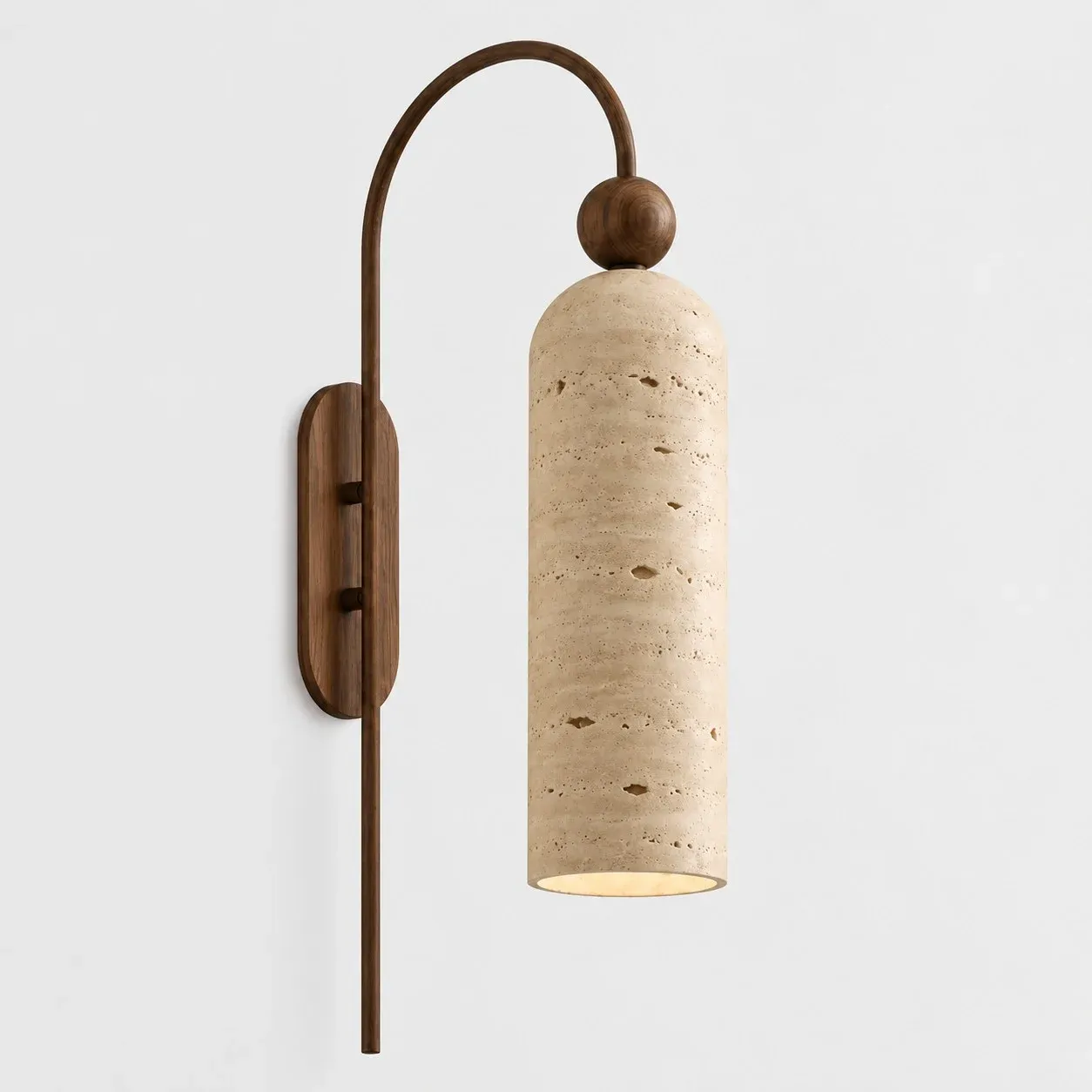 Walnut wood arch wall sconce with travertine cylinder