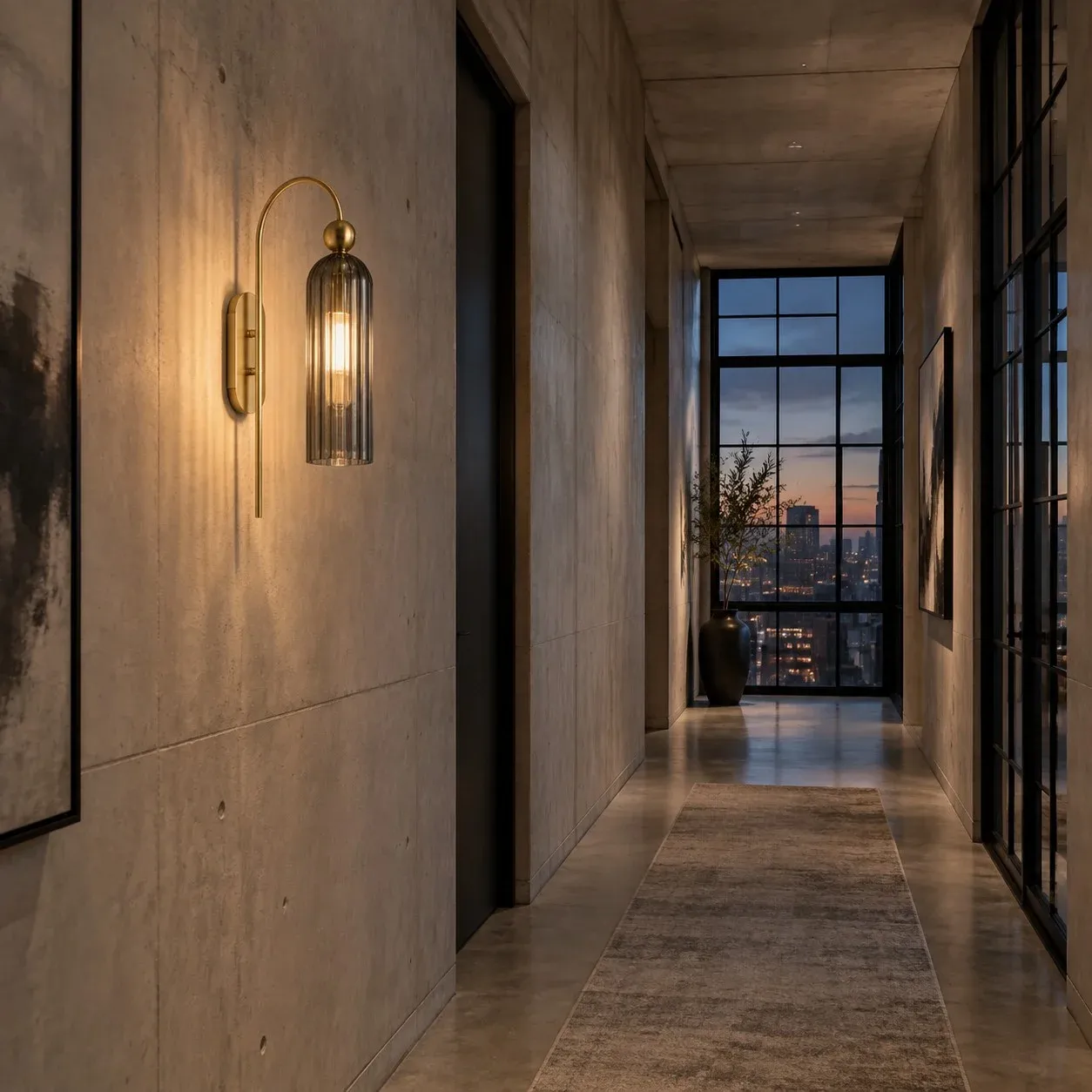 Gray glass cylinder sconce lighting a hallway