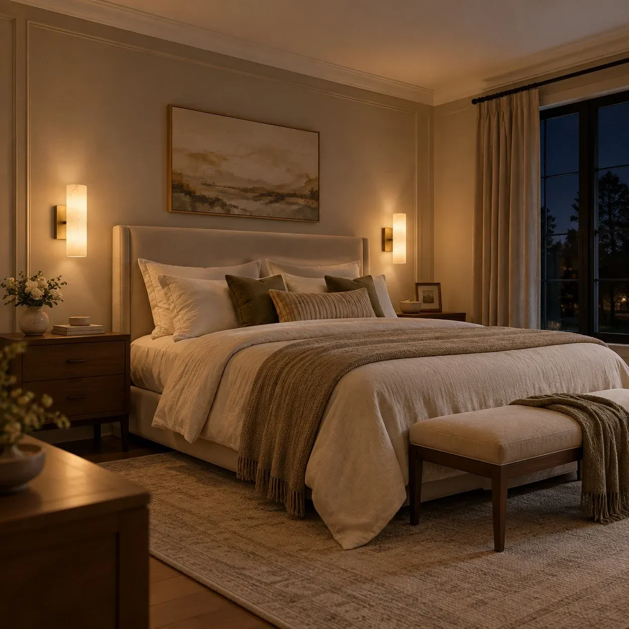 Pair of alabaster tube sconces beside a bed