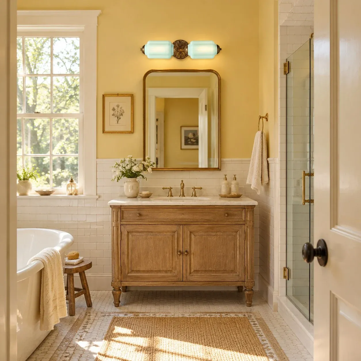 Blue and brass vanity light in a yellow bathroom