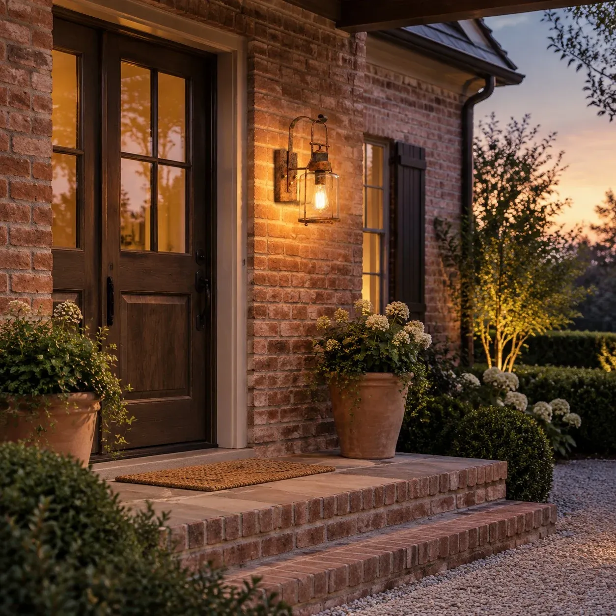 Rust glass jar wall sconce at a brick house entry