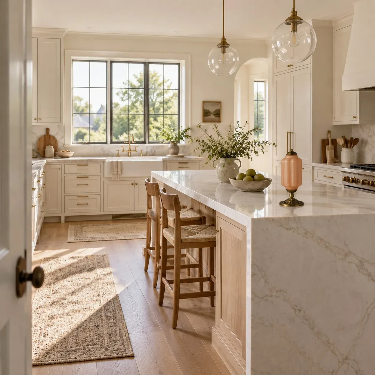 Milk glass table lamp on a kitchen island