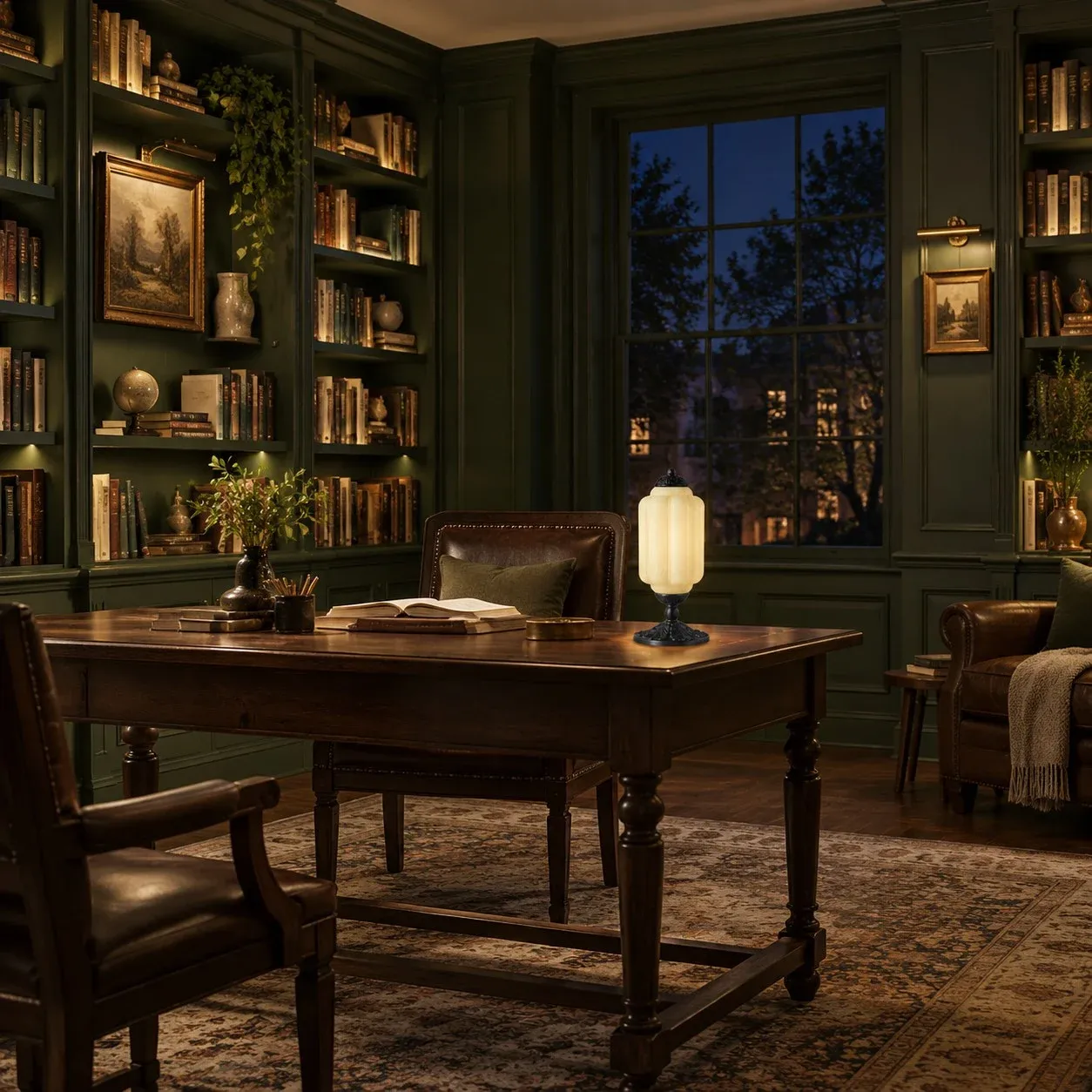 Milk glass table lamp beside a bookcase at night