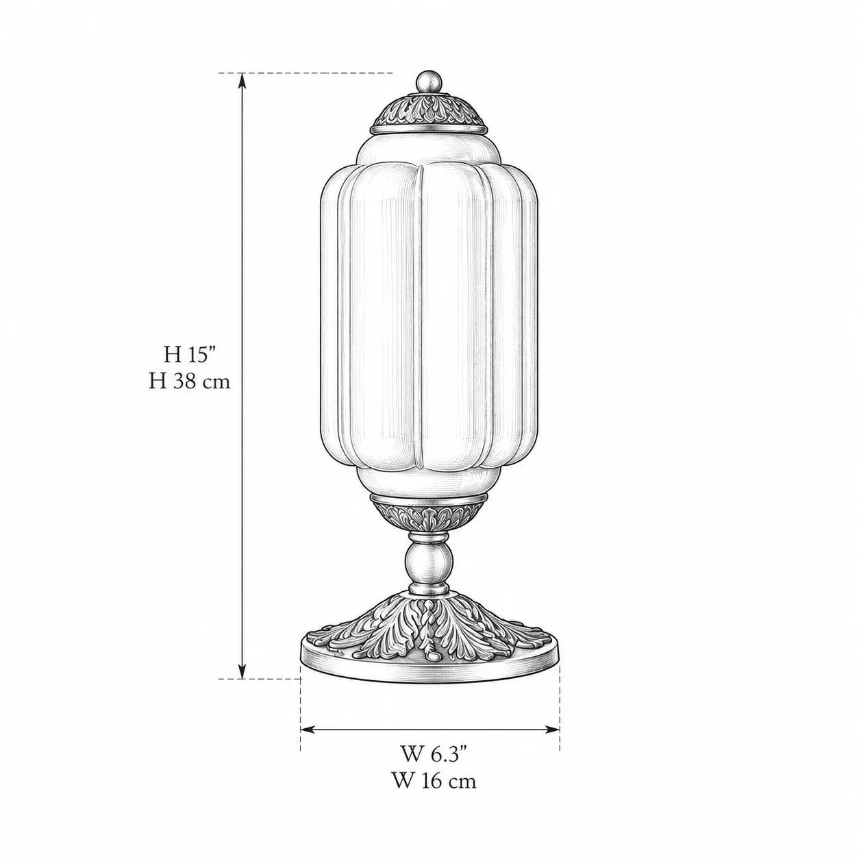 Dessin dimensionnel de la lampe de table Eloise 15 pouces de haut et 6,3 pouces de large