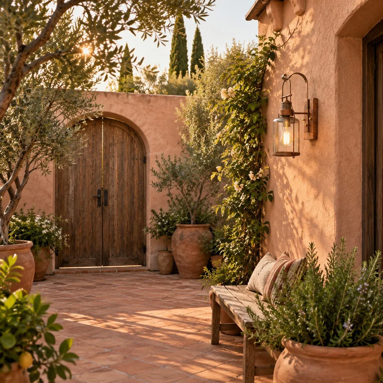 Rust glass jar wall sconce on a terracotta courtyard wall