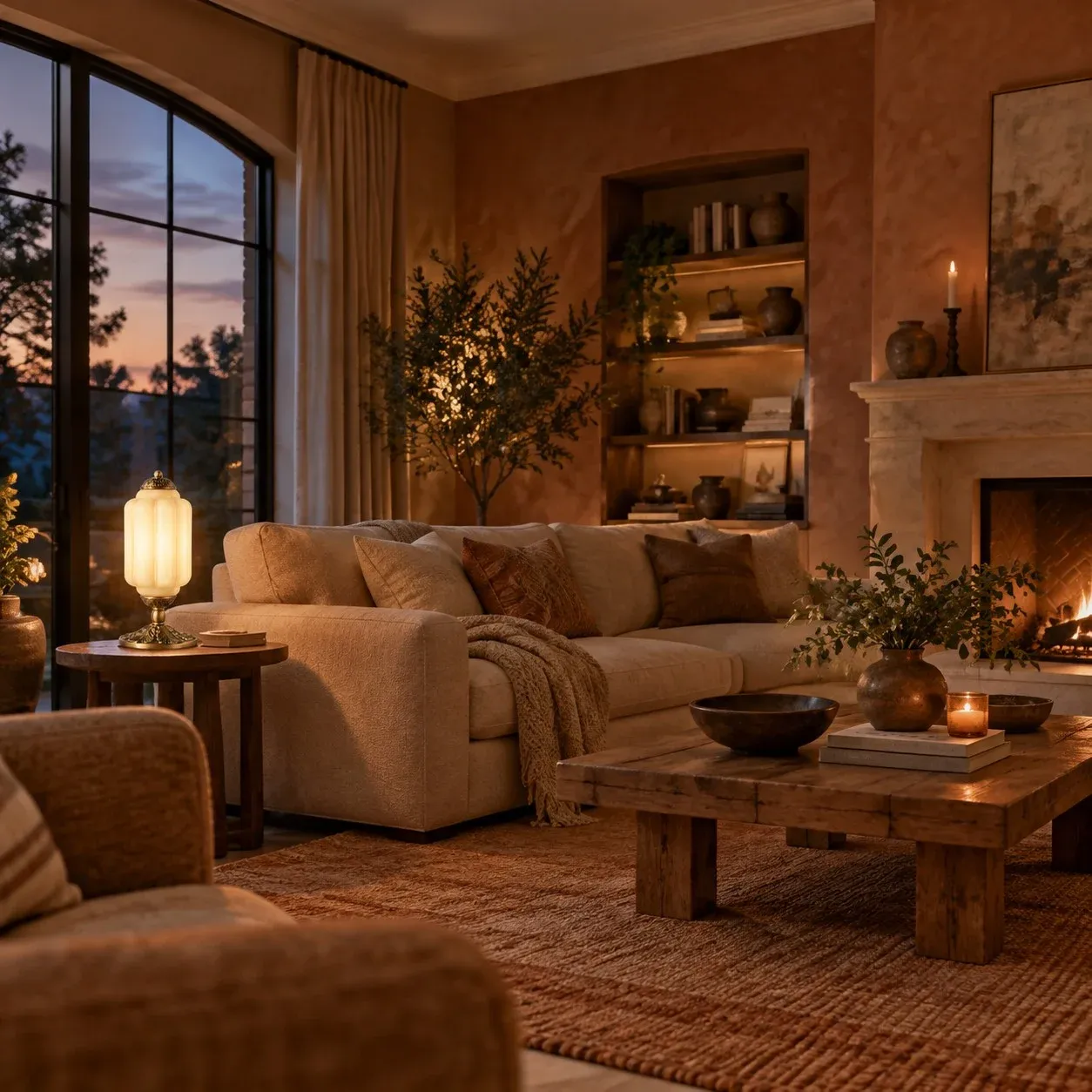 Milk glass table lamp in a living room at evening