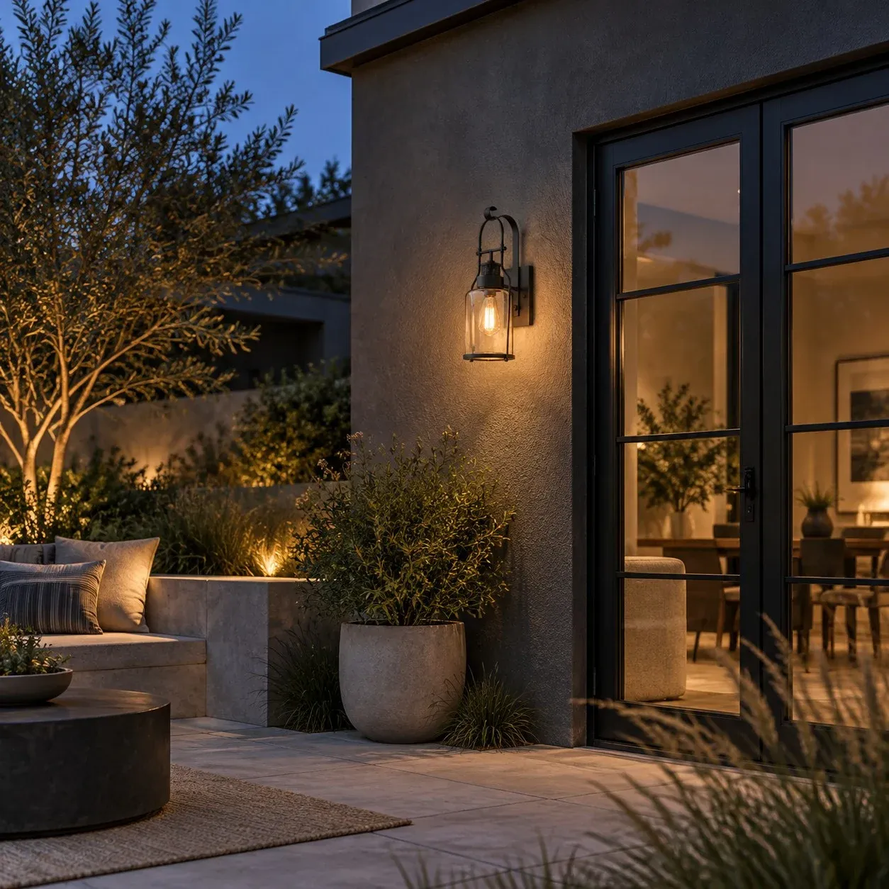 Black glass jar wall sconce on a modern patio wall