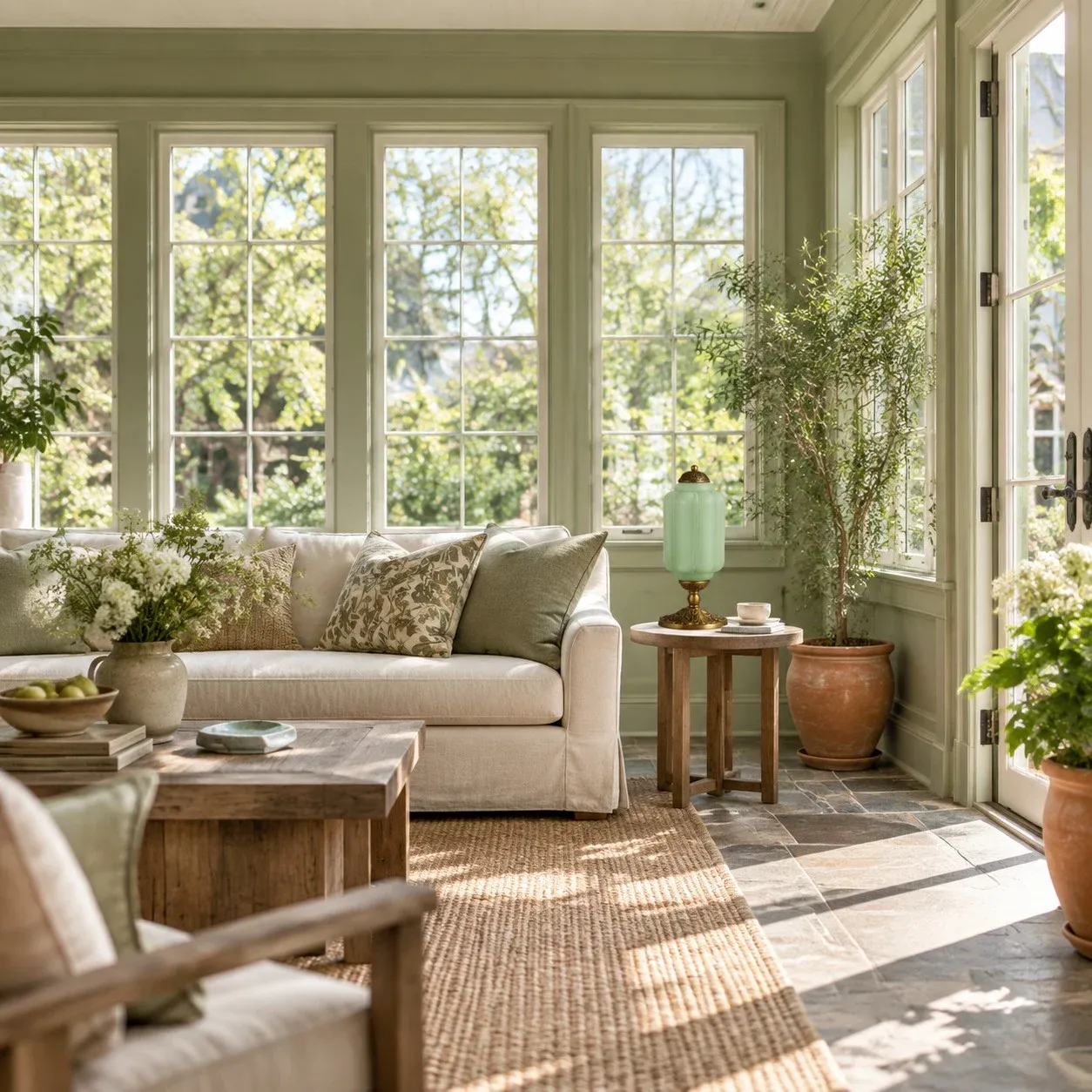 Milk glass table lamp in a sunroom