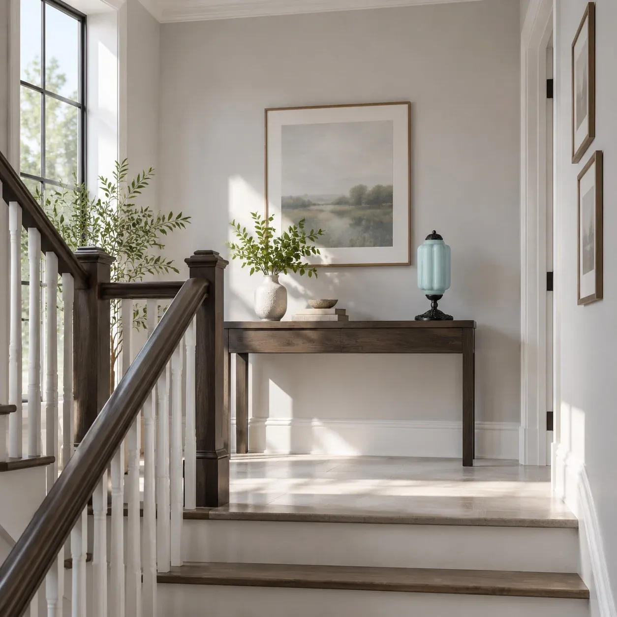 Milk glass table lamp on a stair console