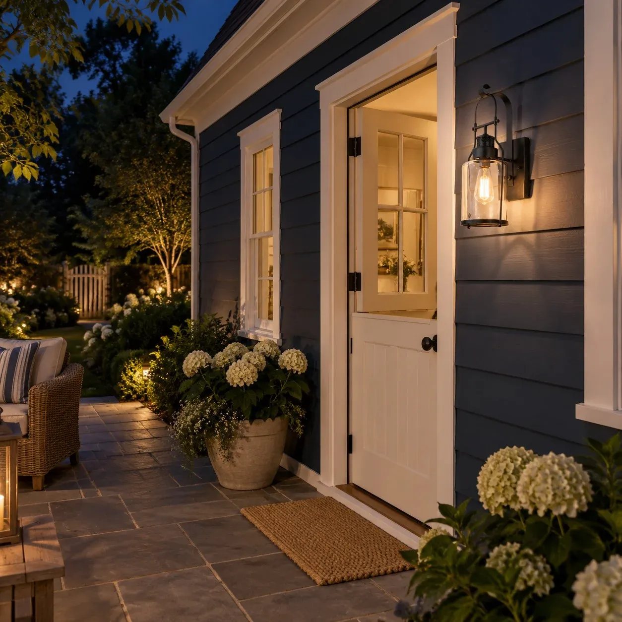 Black glass jar wall sconce beside a cottage porch door