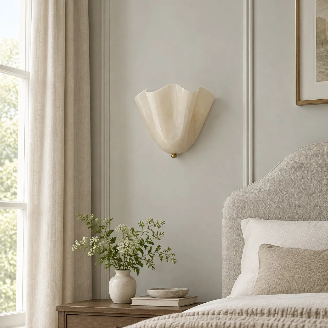 Beige white seashell wall sconce beside a bed in daylight, unlit