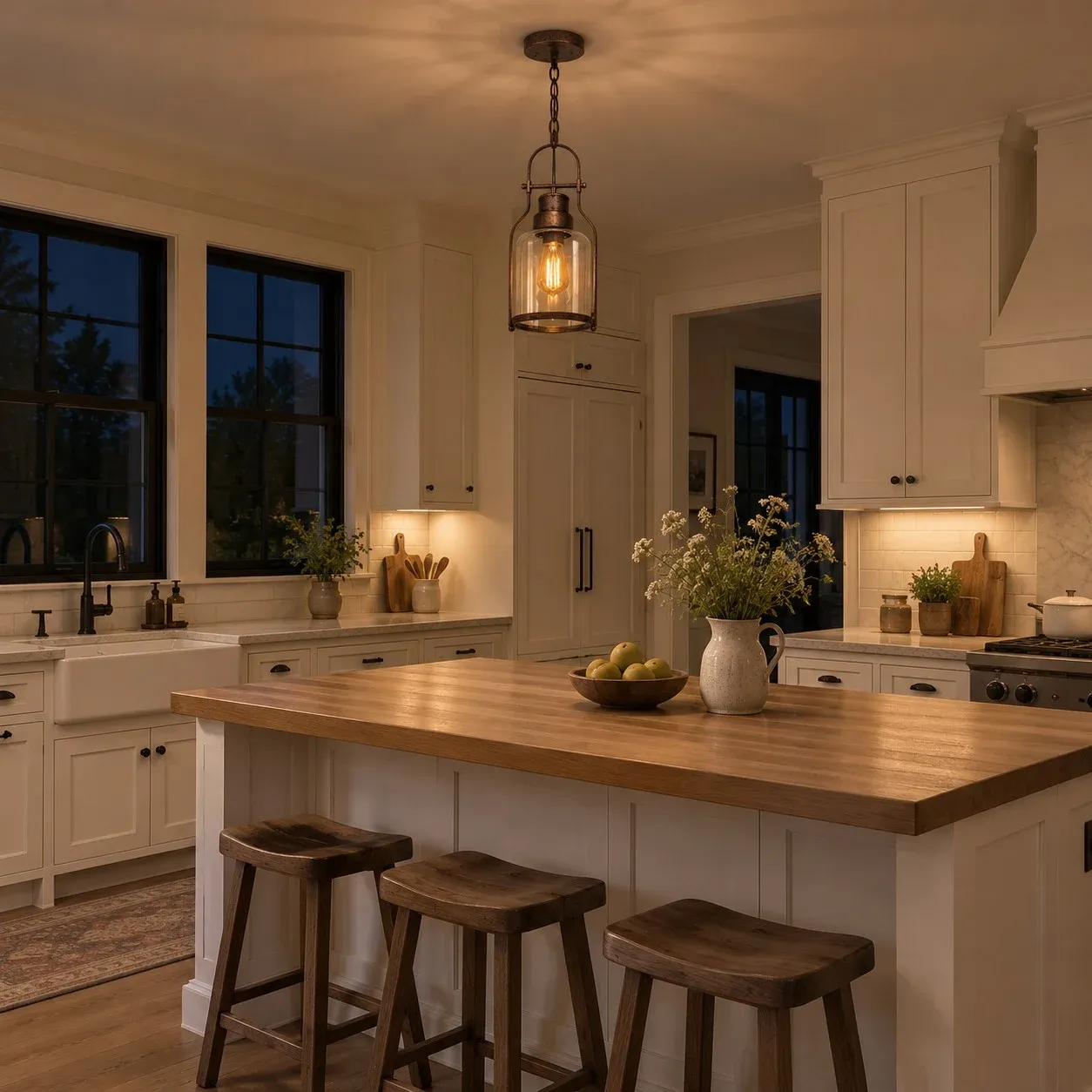 Rust industrial glass pendant over a kitchen island