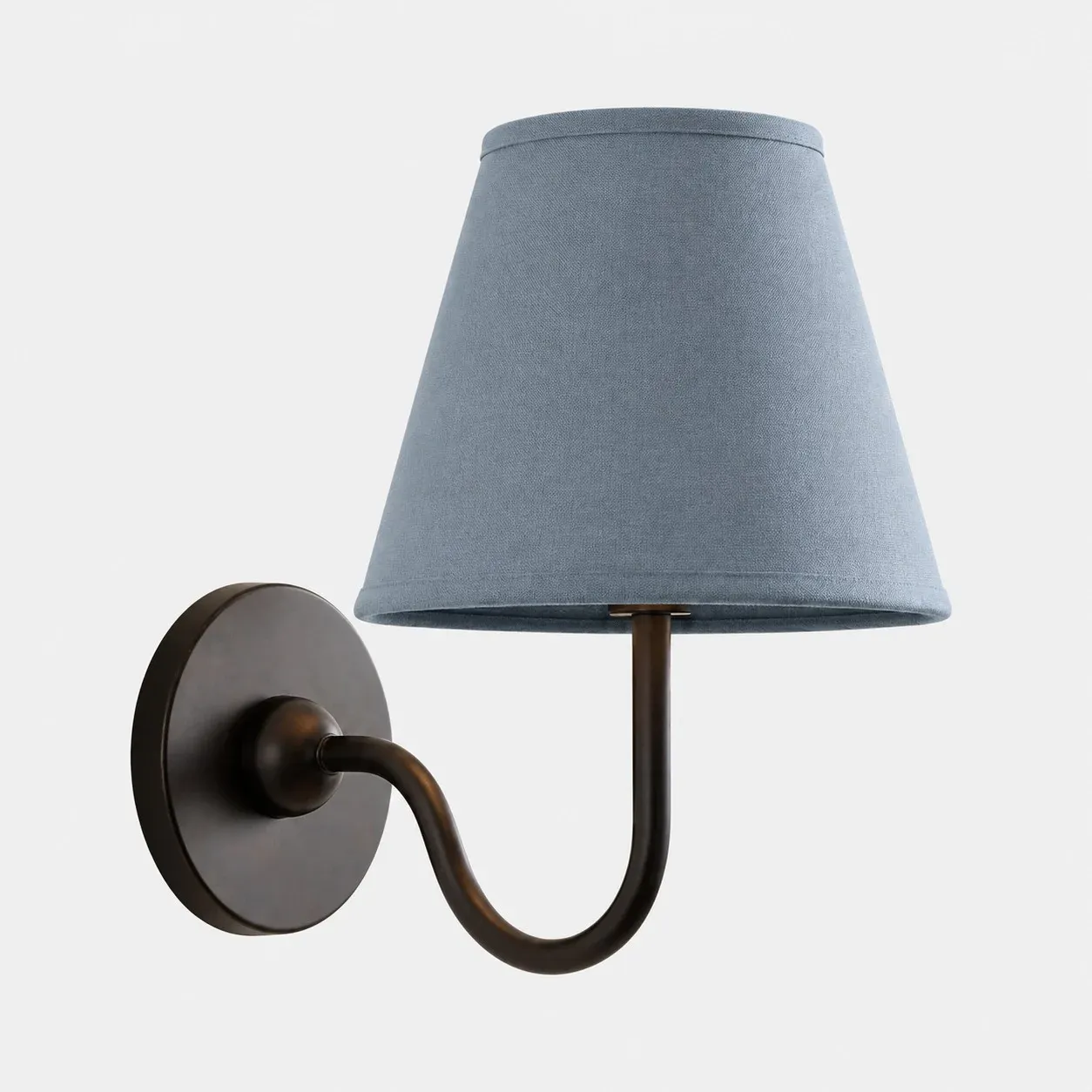 One-head matte black wall sconce with a dusty blue plain fabric shade