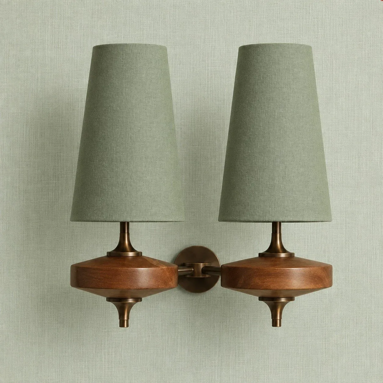 Sage Green 2 Heads fabric shade wall sconce on a walnut wood base
