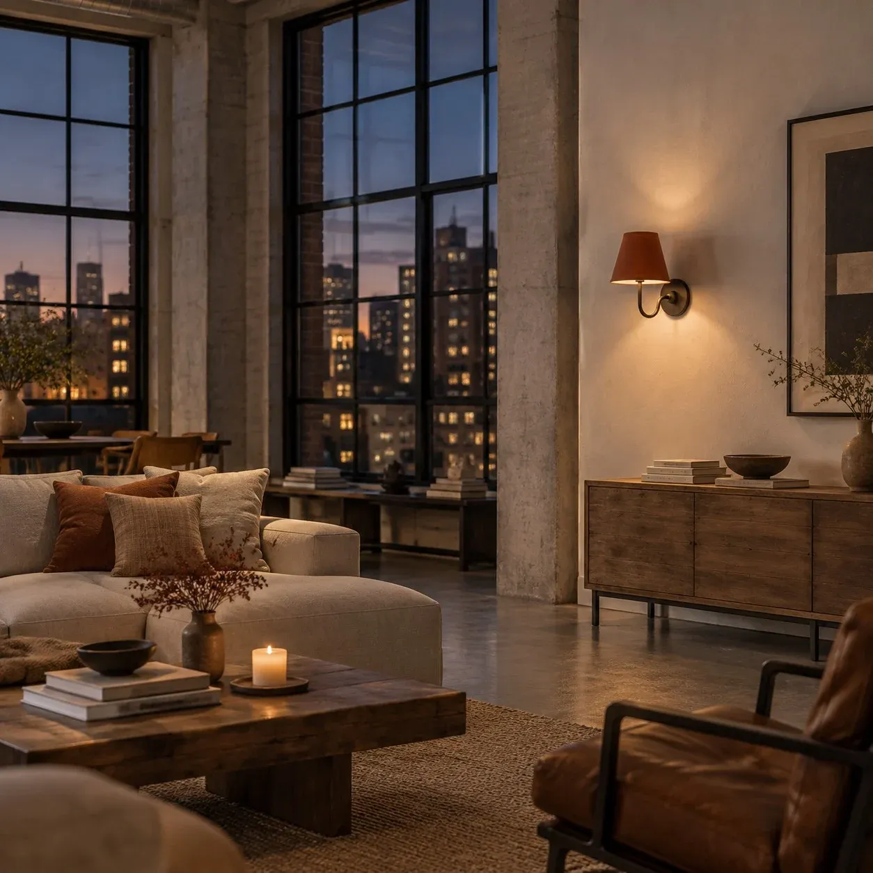 Fabric wall sconce lighting a living room in the evening