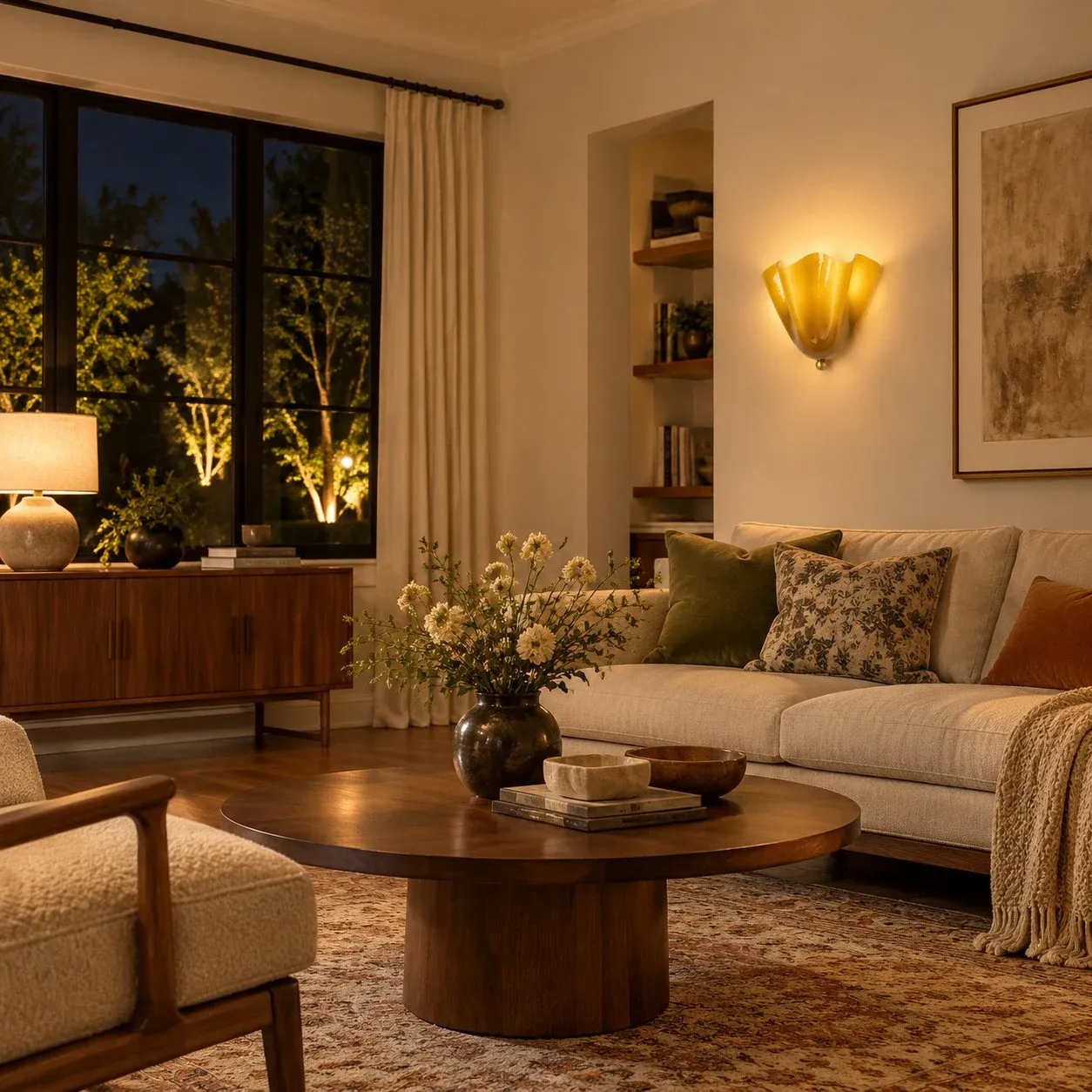 Green seashell wall sconce above a living room sofa