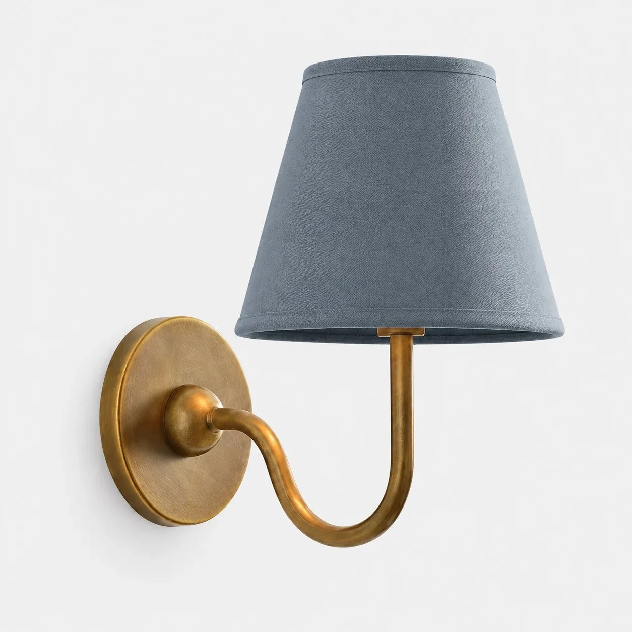 One-head brass wall sconce with a dusty blue pleated shade