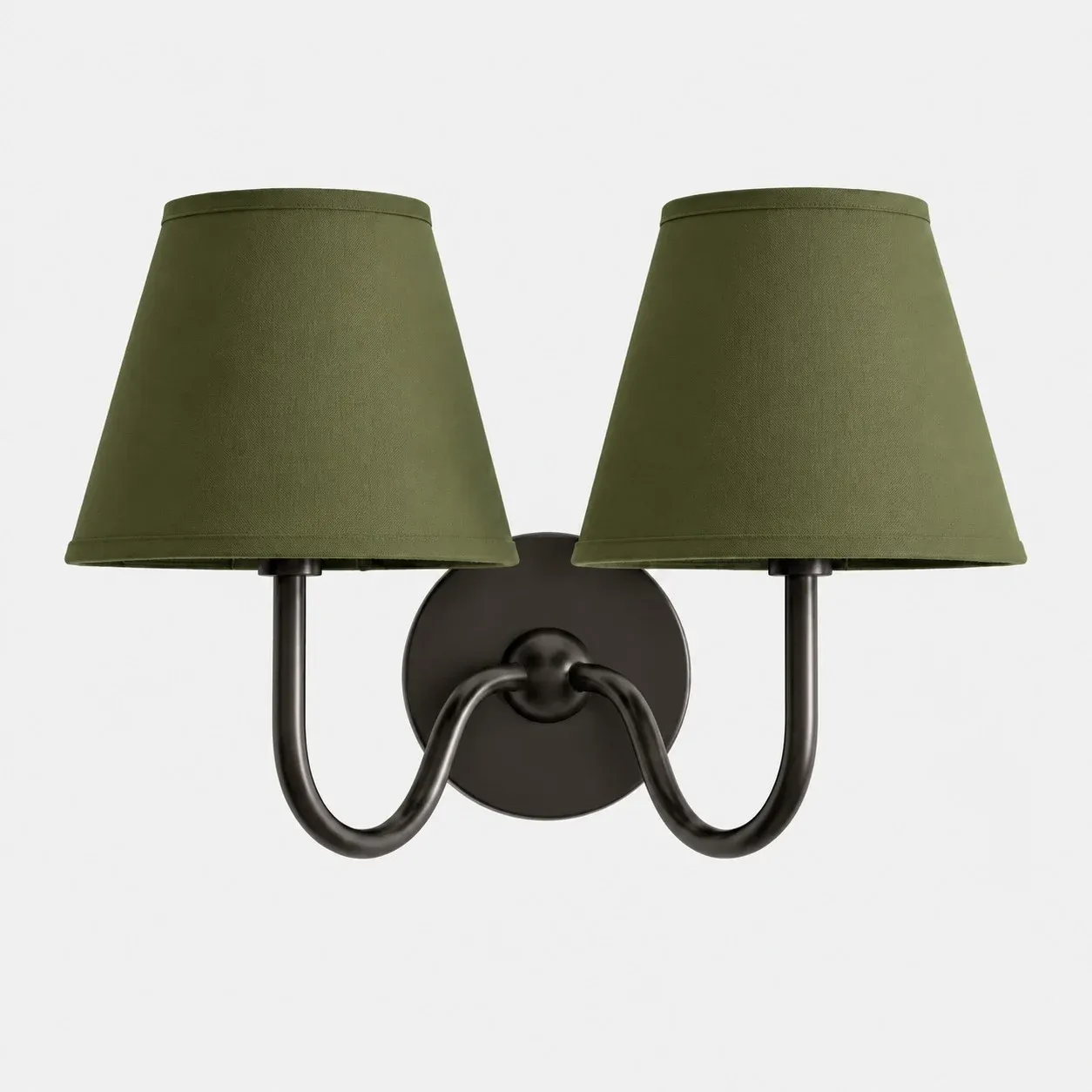 Two-head matte black wall sconce with a green pleated fabric shade