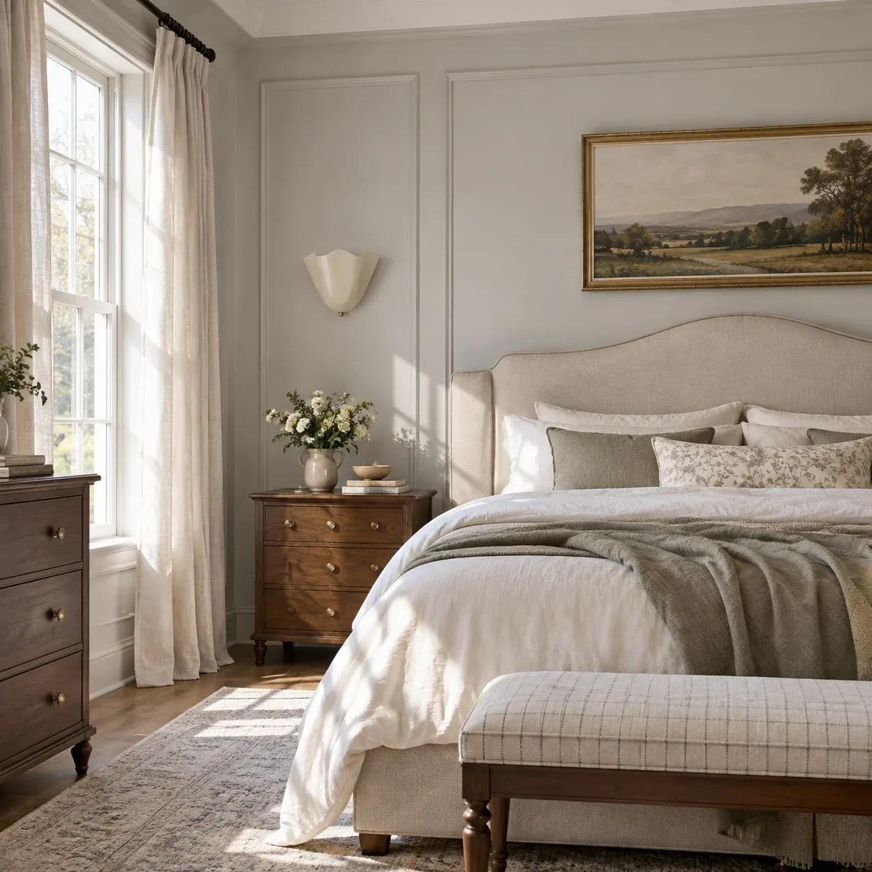 Beige white seashell wall sconce above a bedroom nightstand