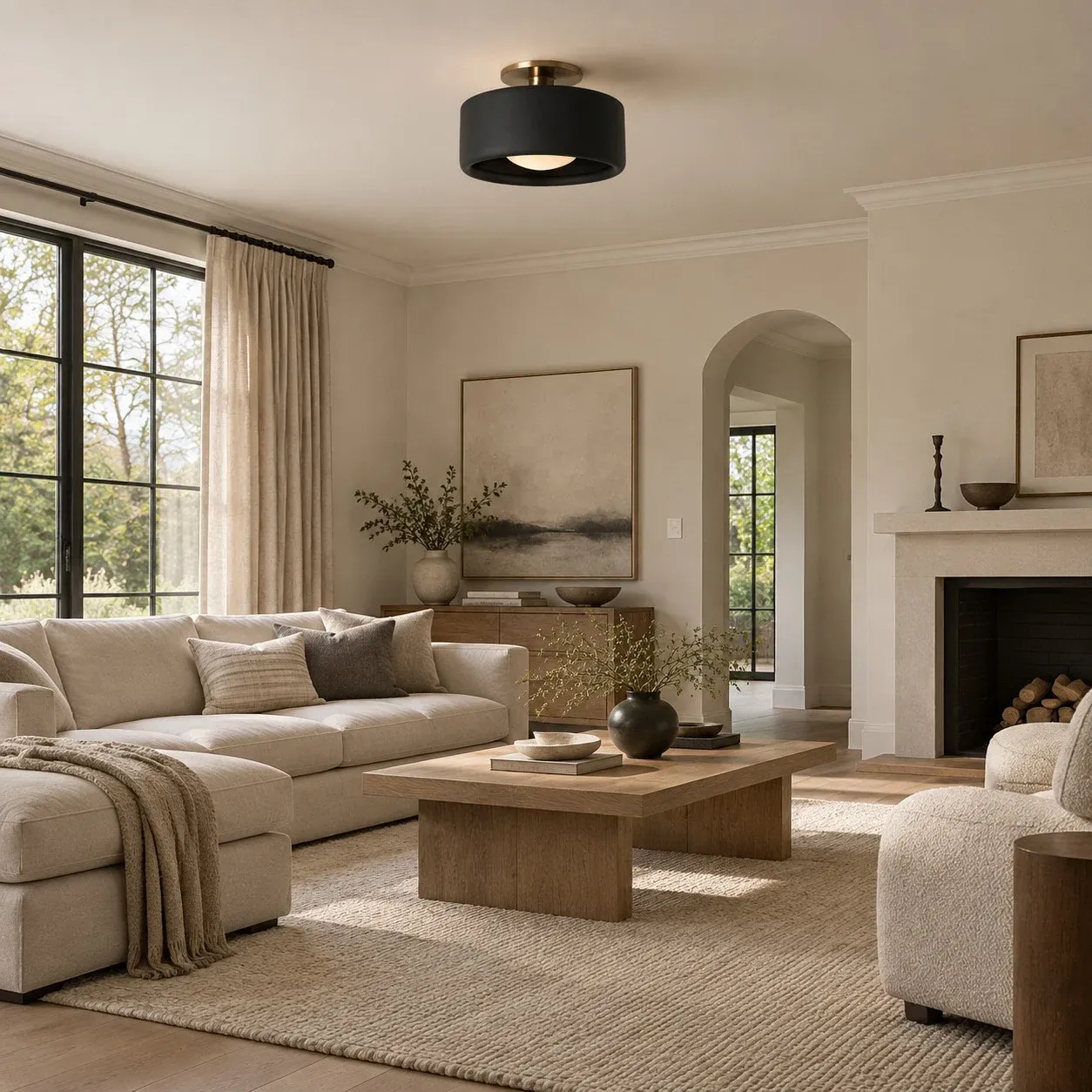 Black porcelain flush mount on a living room ceiling