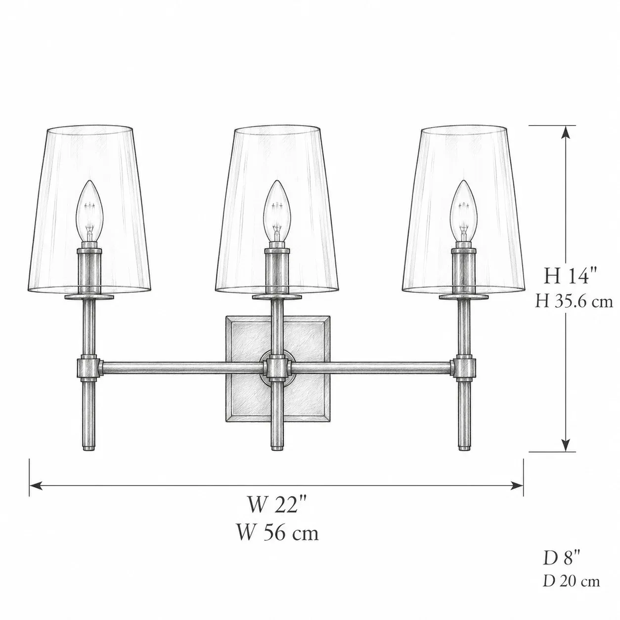 3 Heads dimension drawing, 22 in W × 8 in D × 14 in H