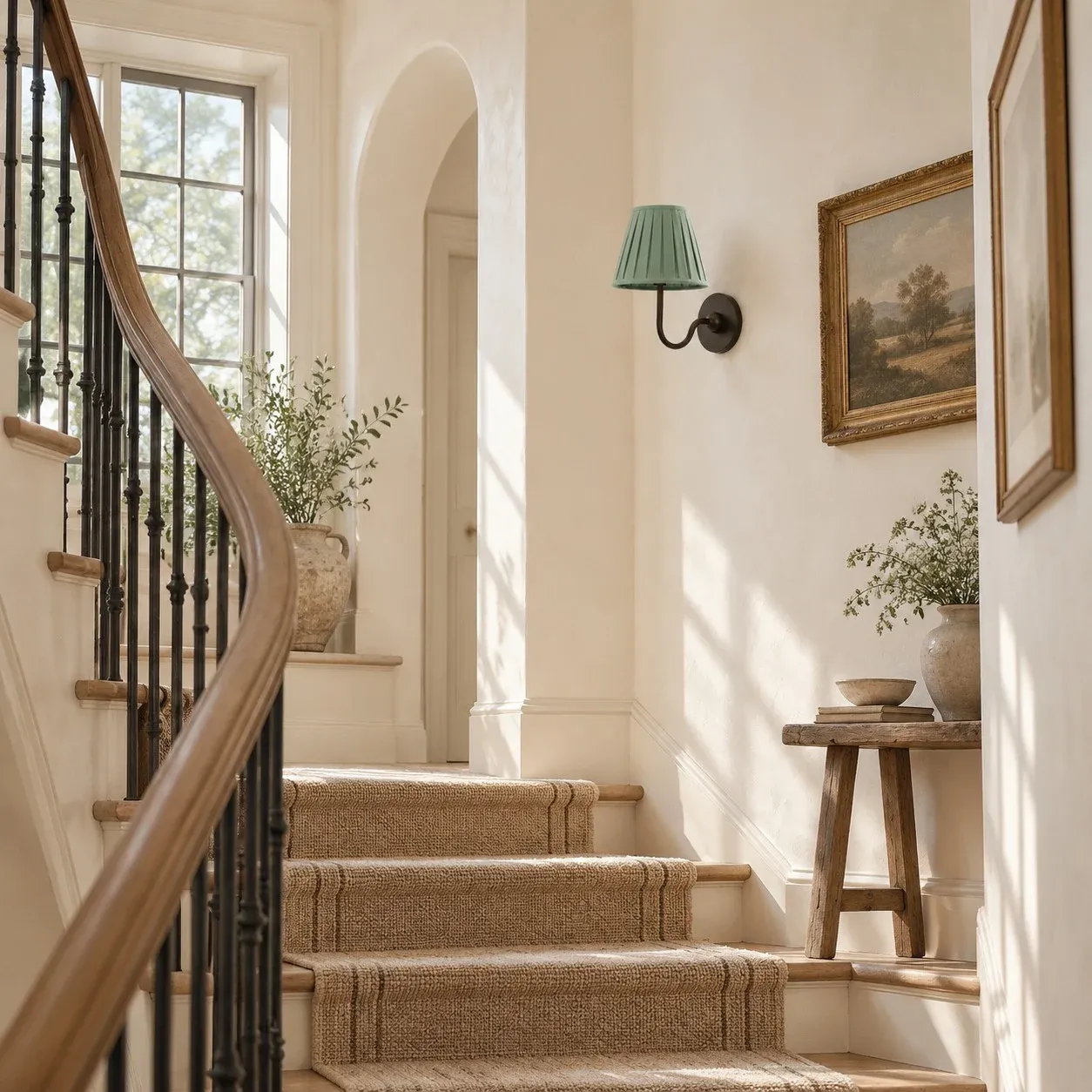 Sage green pleated wall sconce on a stair landing