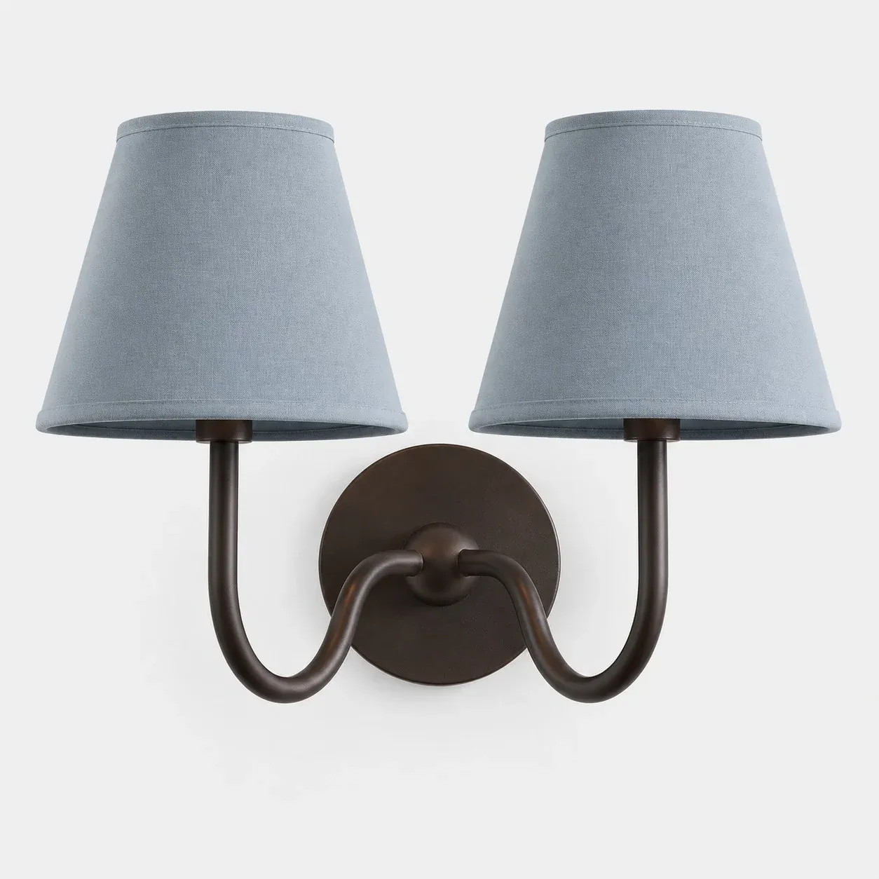 Two-head matte black wall sconce with a dusty blue plain fabric shade