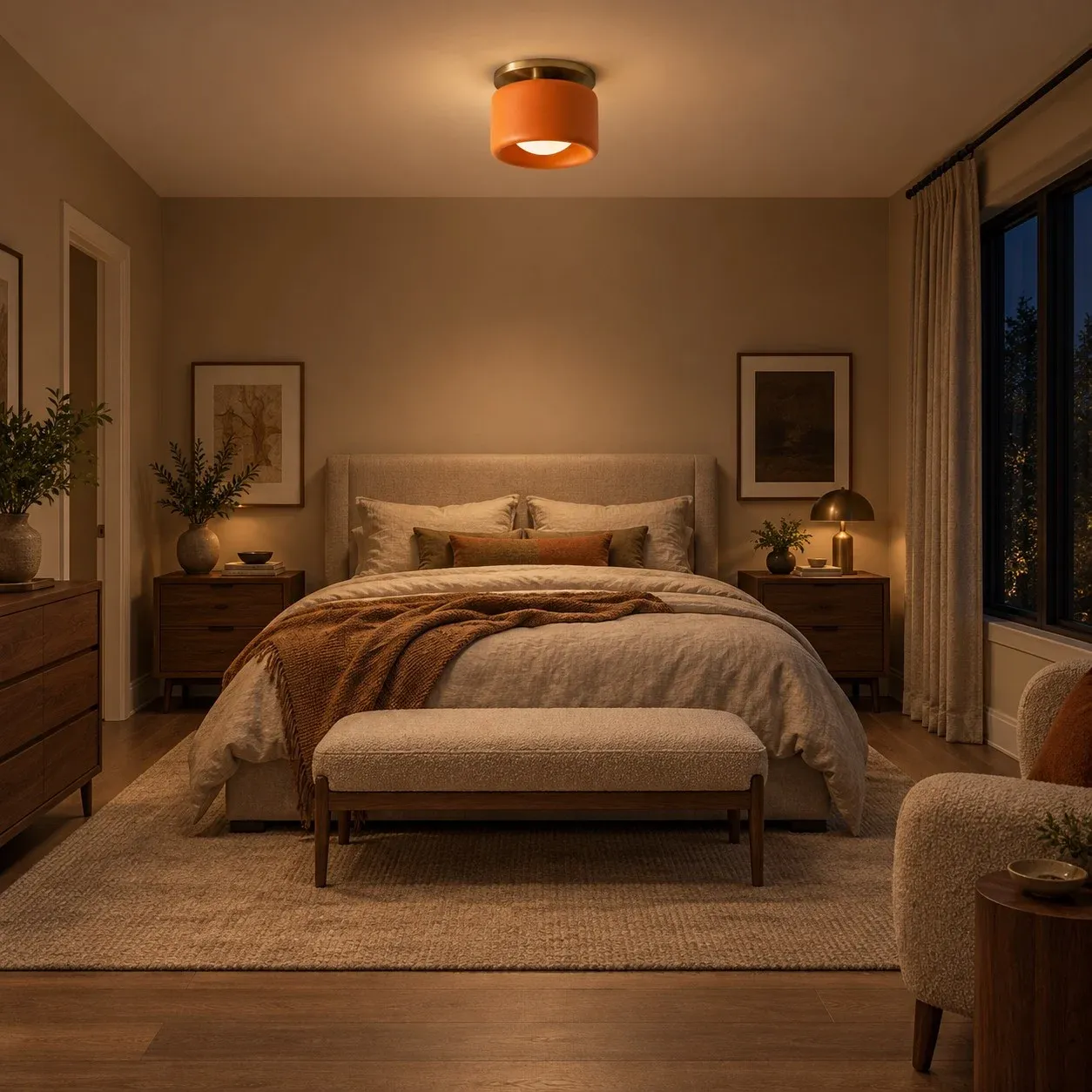 Orange porcelain flush mount over a bed at night