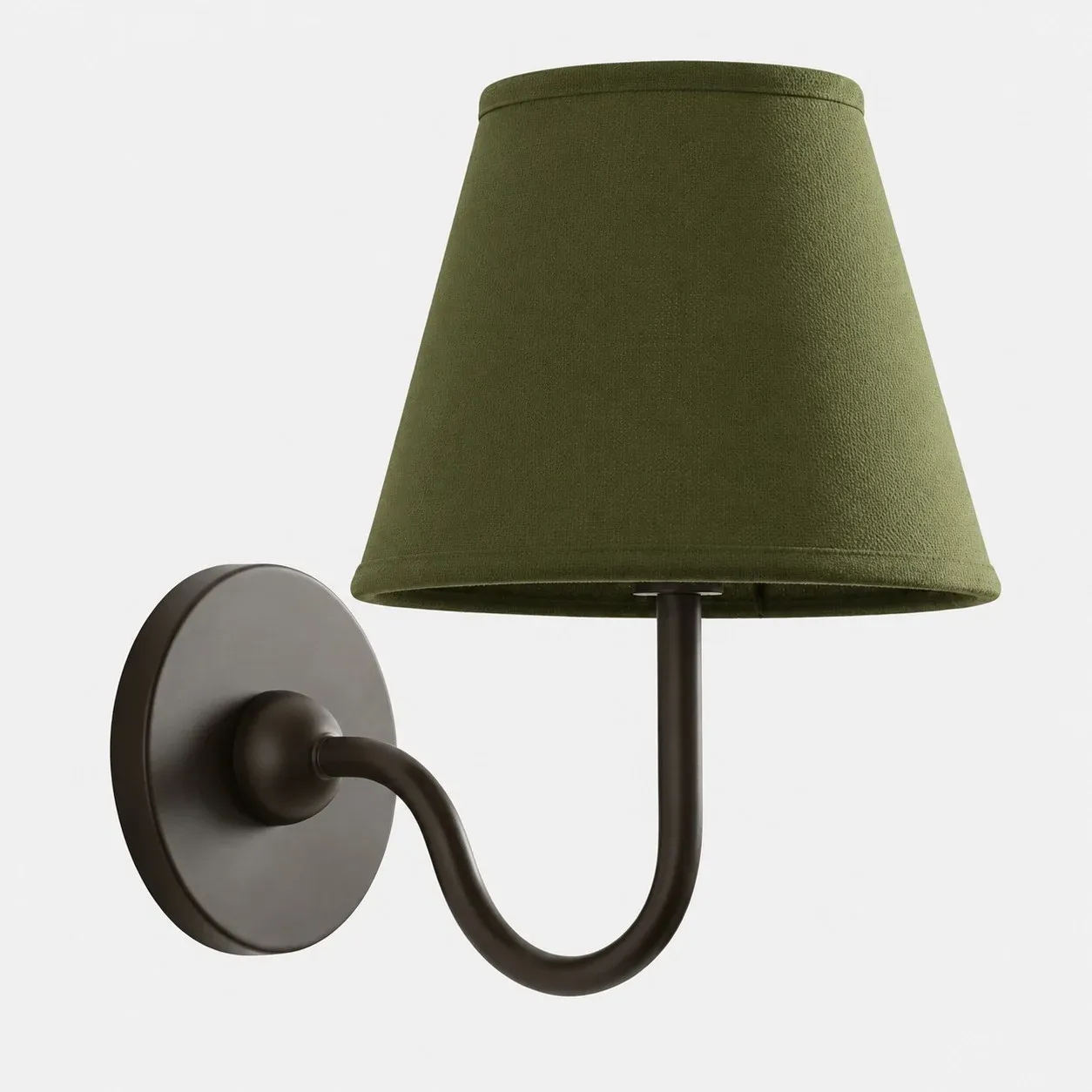 One-head matte black wall sconce with a green plain fabric shade