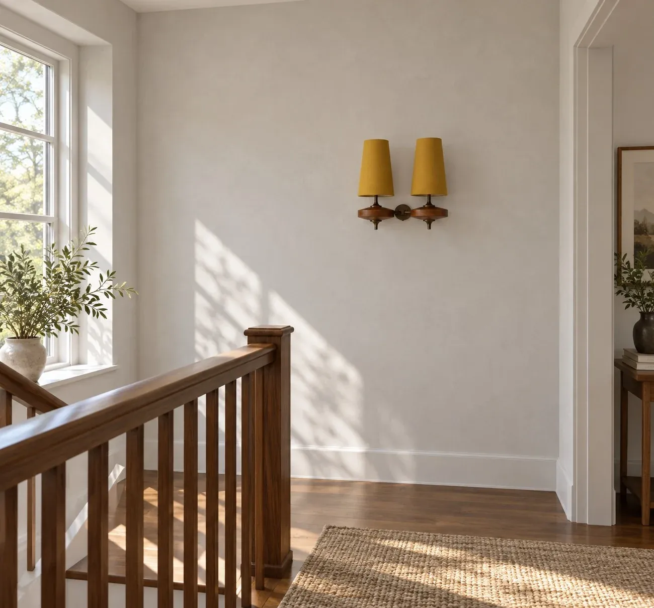 Mustard Yellow 2 Heads fabric wall sconce on a stair landing