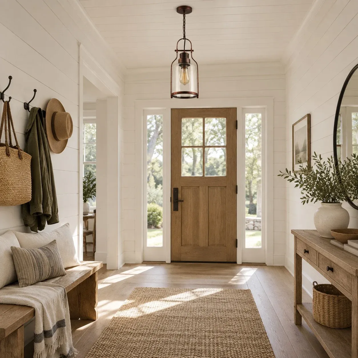 Rust industrial glass pendant hanging in an entry