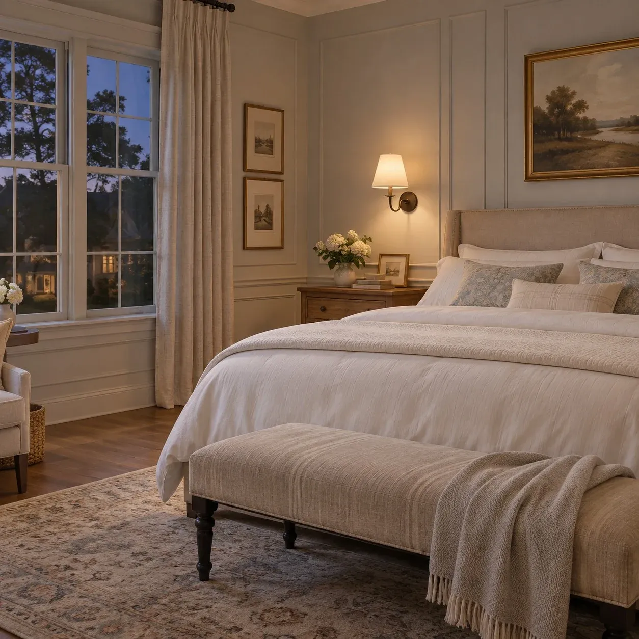 White fabric wall sconce lighting a bedroom at dusk