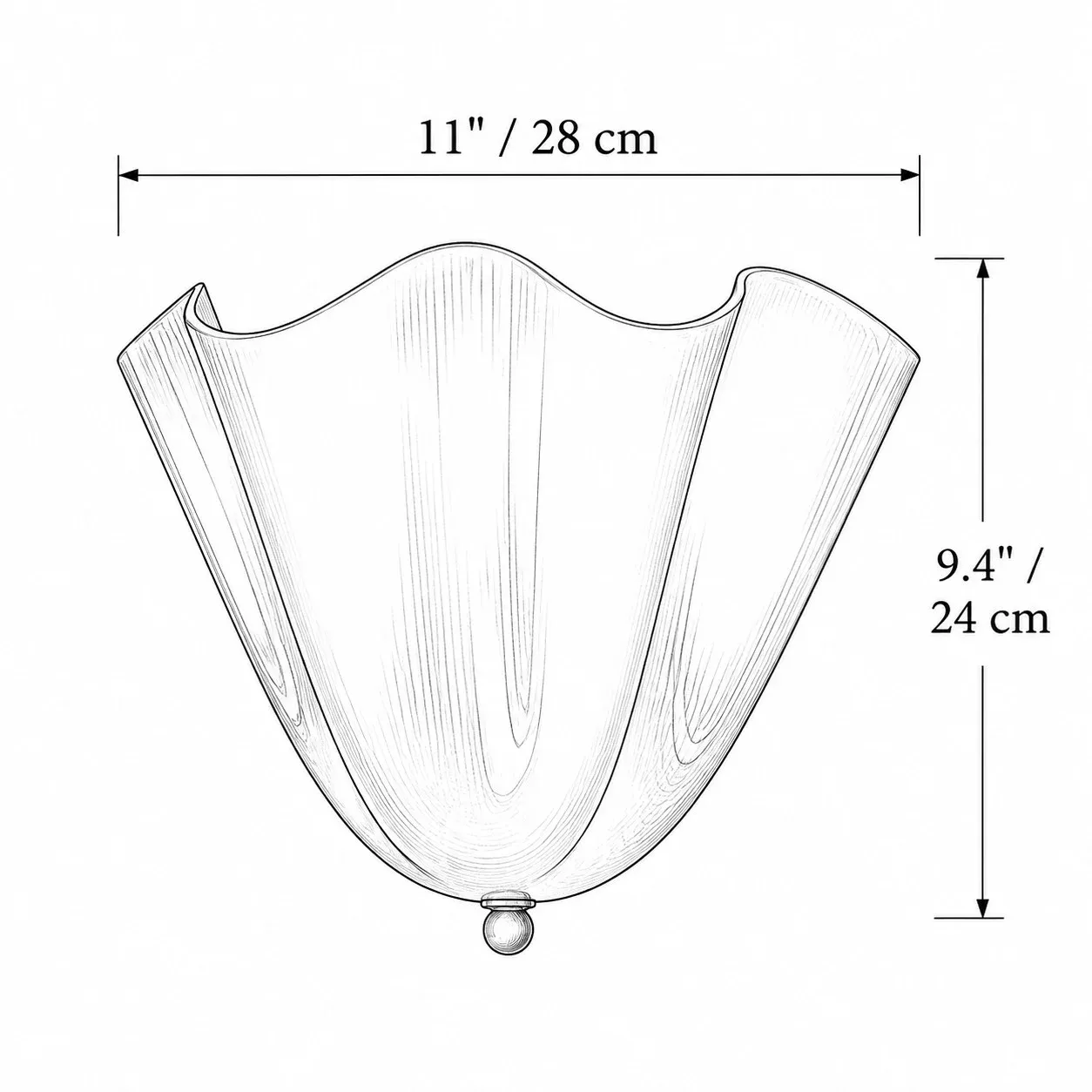 Seashell wall sconce dimension drawing, 11 inches wide by 9.4 inches high