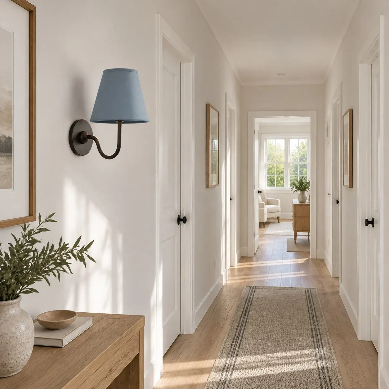 Dusty blue fabric wall sconce in a hallway