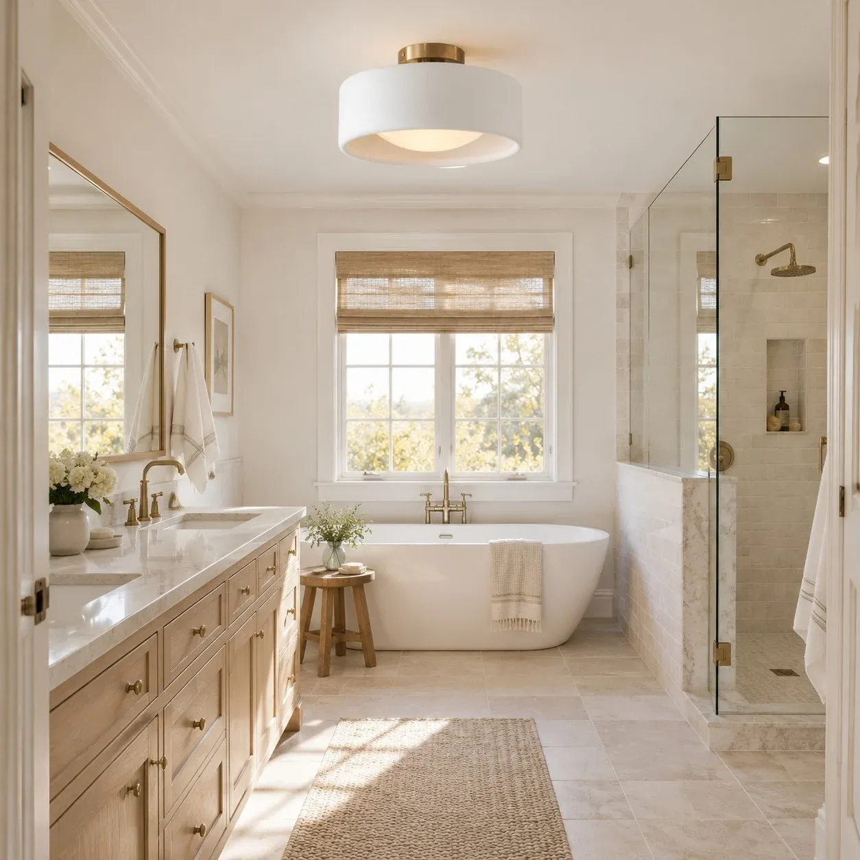 White porcelain flush mount in a bathroom with a freestanding tub