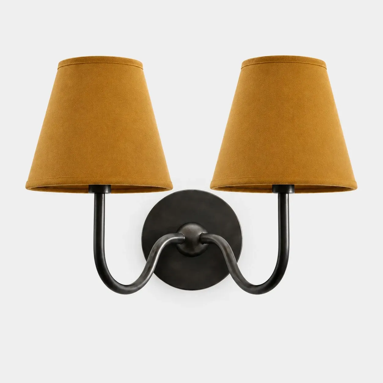 Two-head matte black wall sconce with a white plain fabric shade