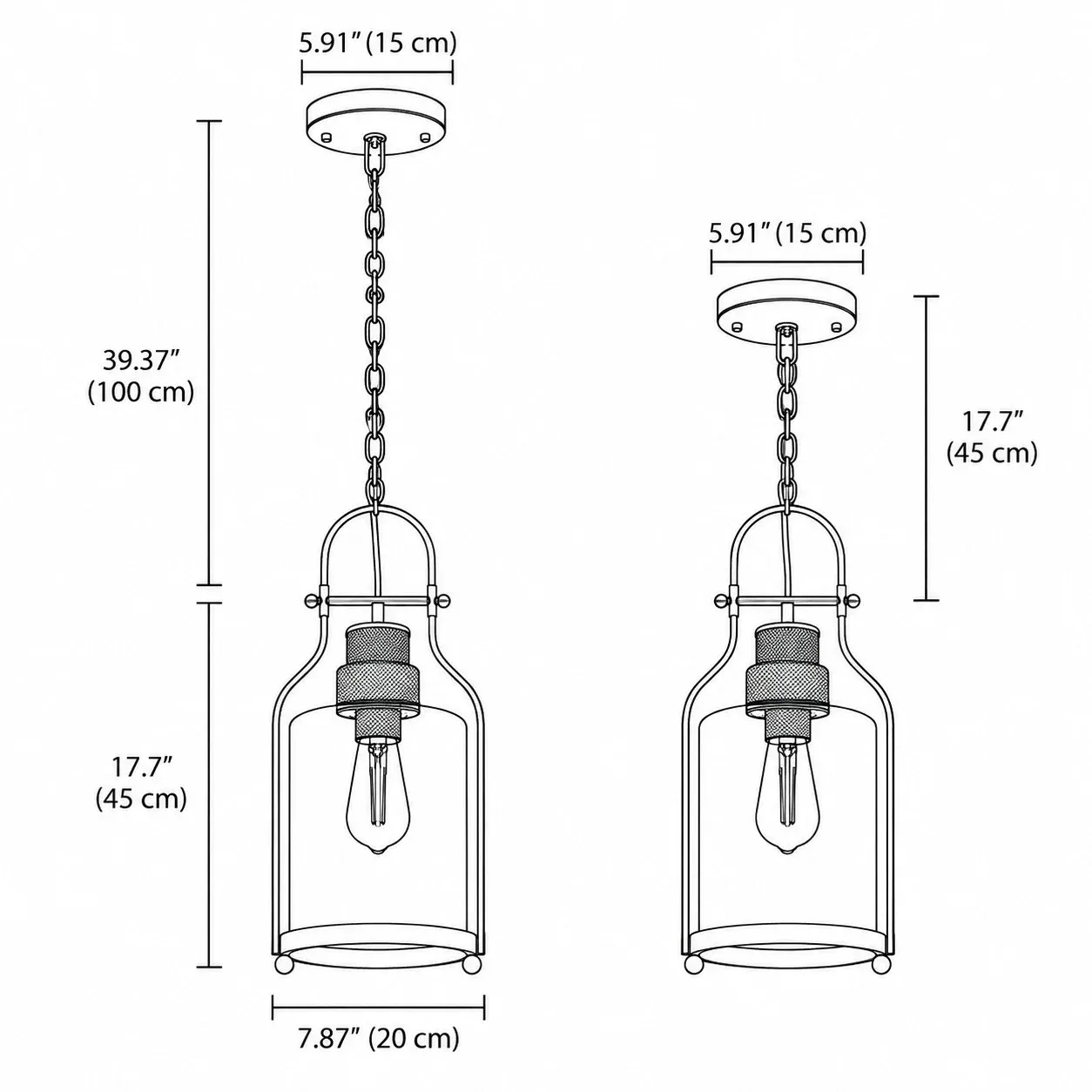 Industrial glass pendant dimension drawing, 7.87 inches wide by 17.7 inches high, 39.37 inch chain