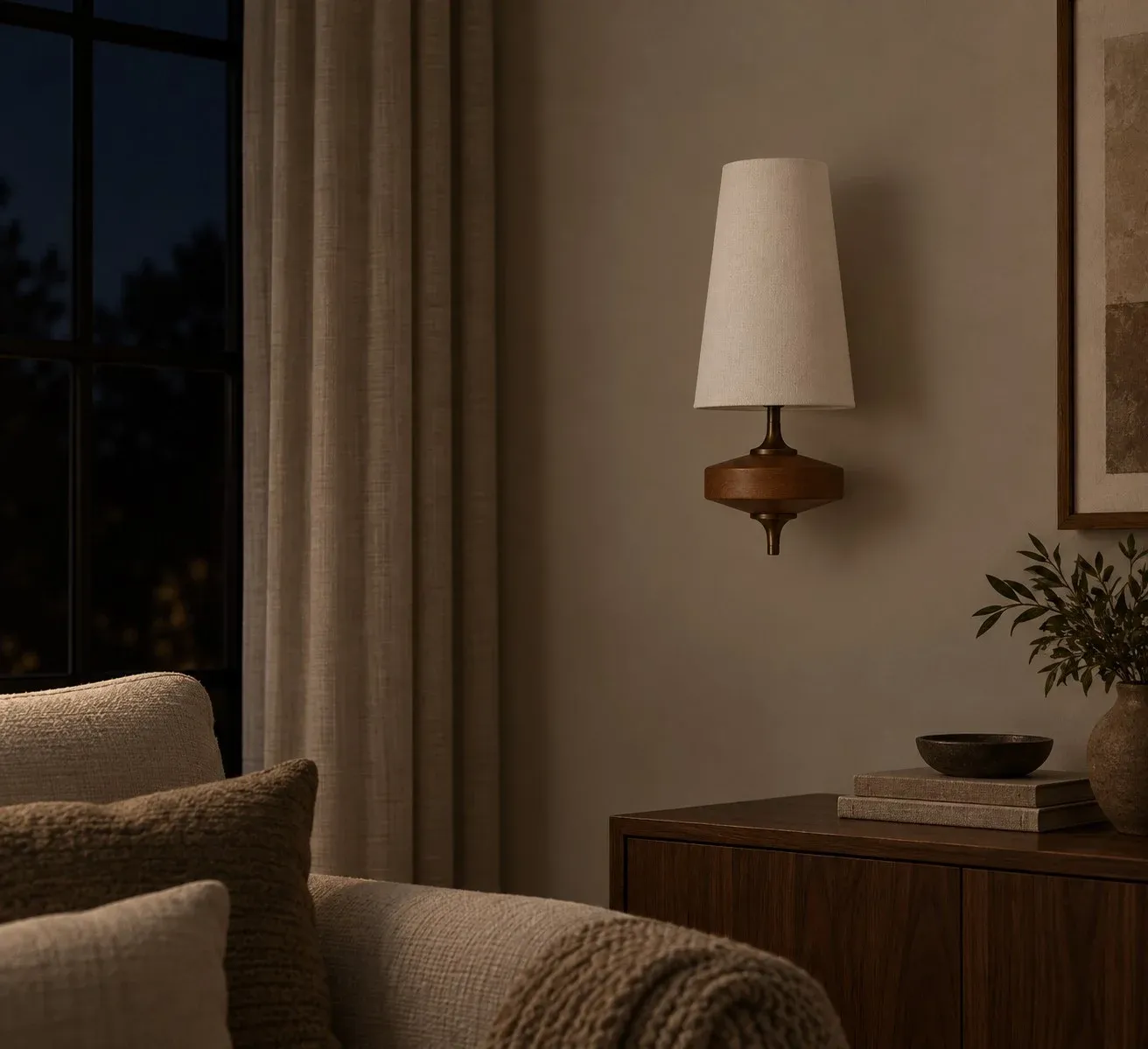 White fabric wall sconce on a living room wall at night, unlit