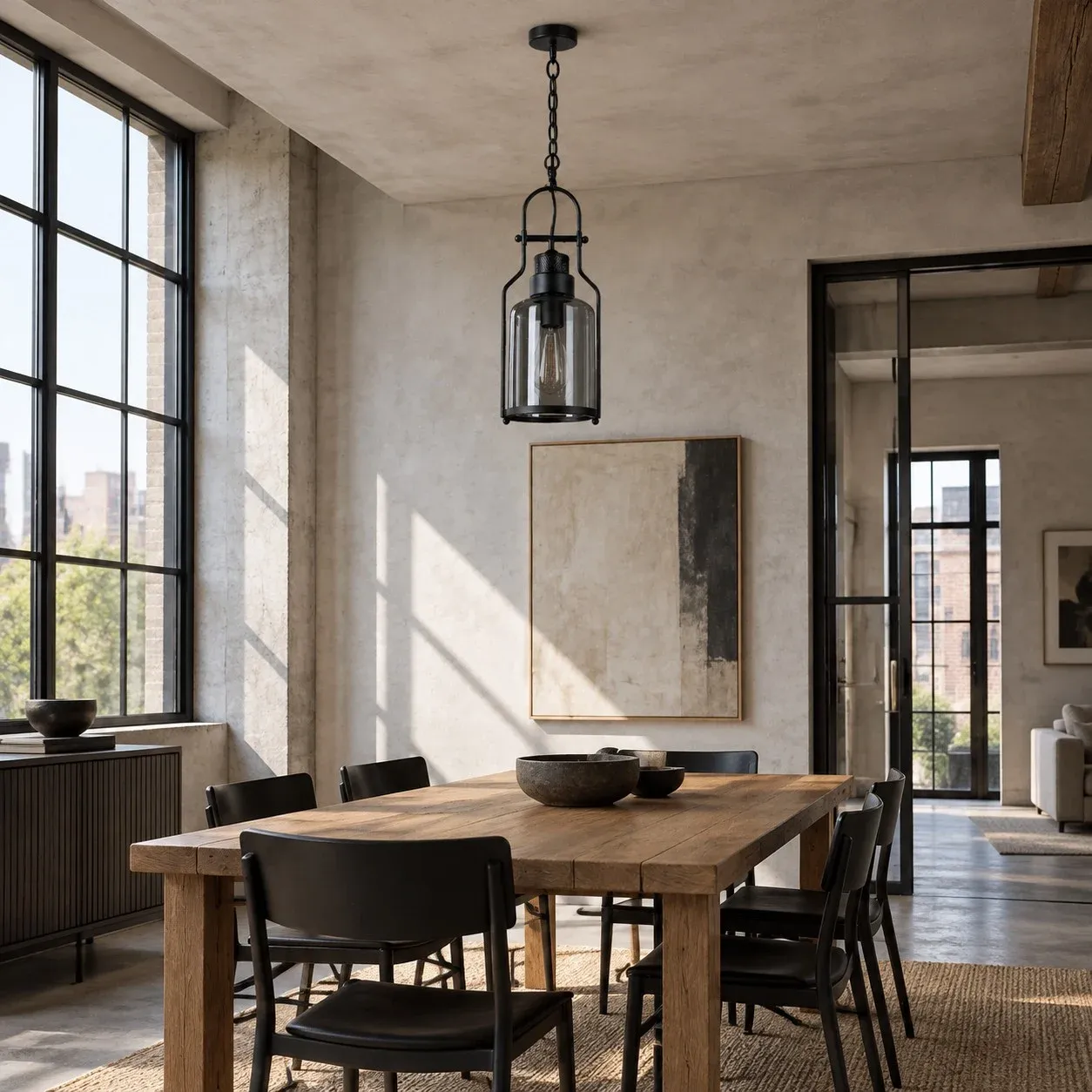 Black industrial glass pendant over a dining table