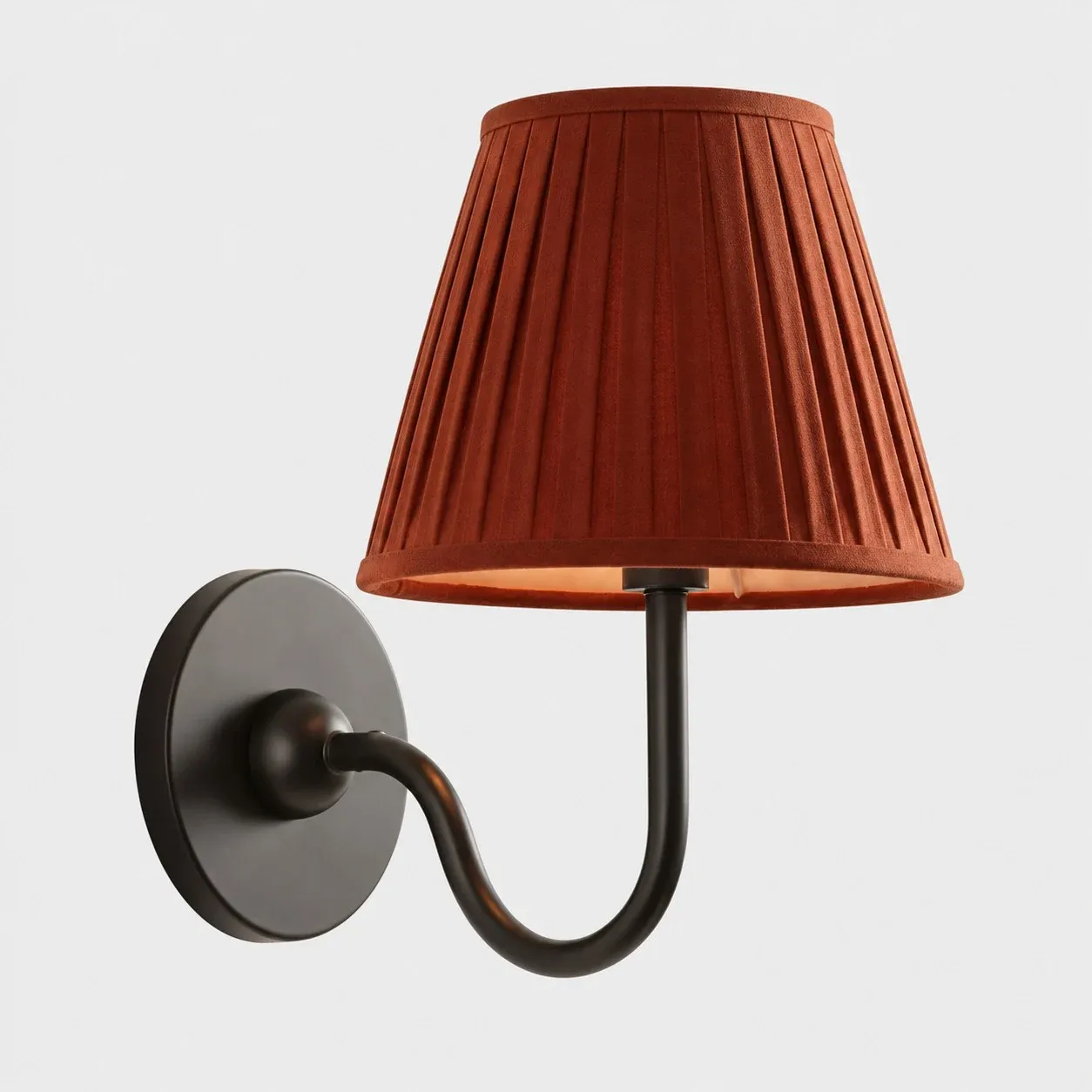 One-head matte black wall sconce with a red pleated fabric shade