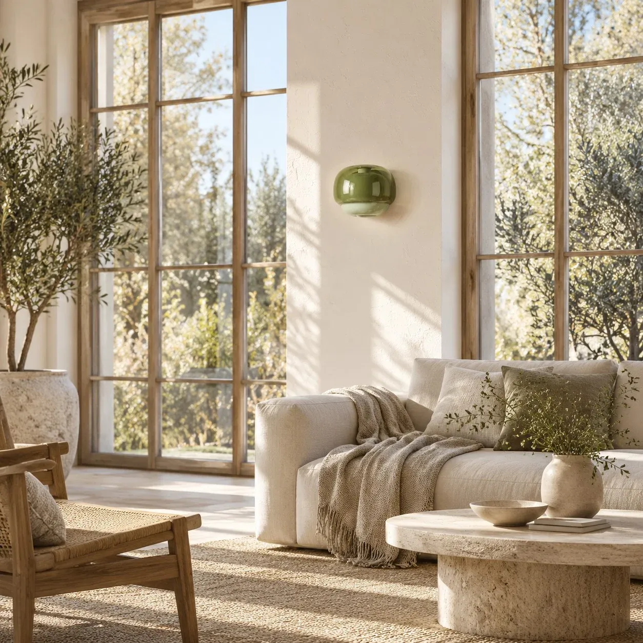 Green glass wall sconce on a living-room wall in daylight